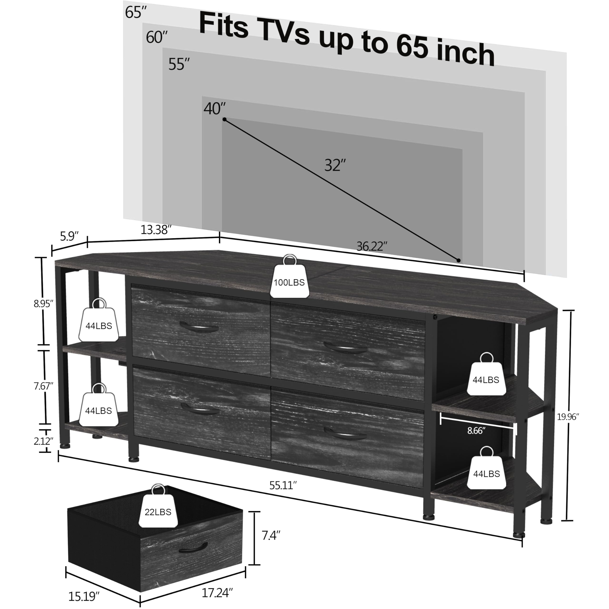 Modern Corner TV Stand with 4 Drawers