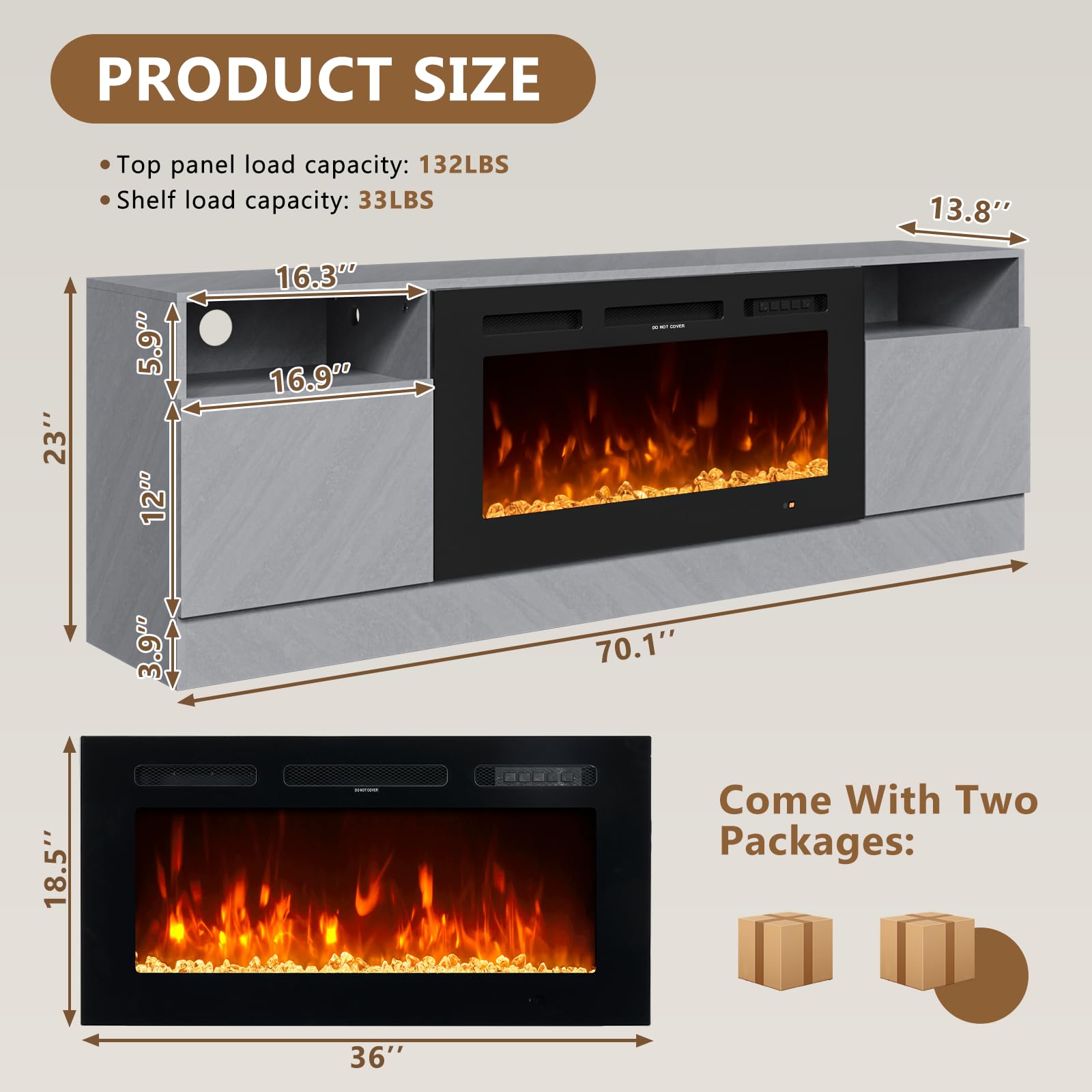 Fireplace TV Stand with 2-IN-1 DESIGN & Multifunctional