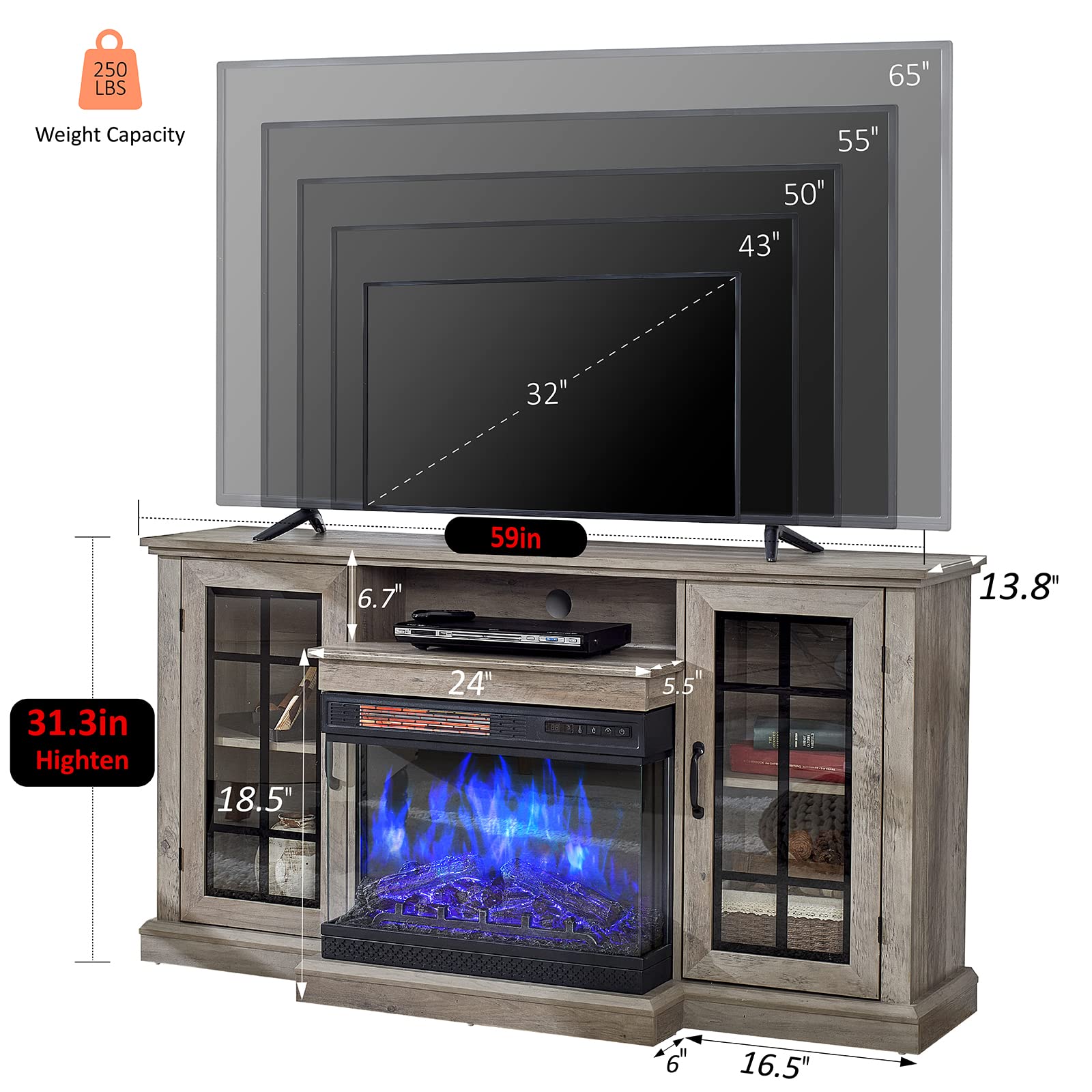 3-Sided Glass Fireplace TV Stand for TVs up to 65''