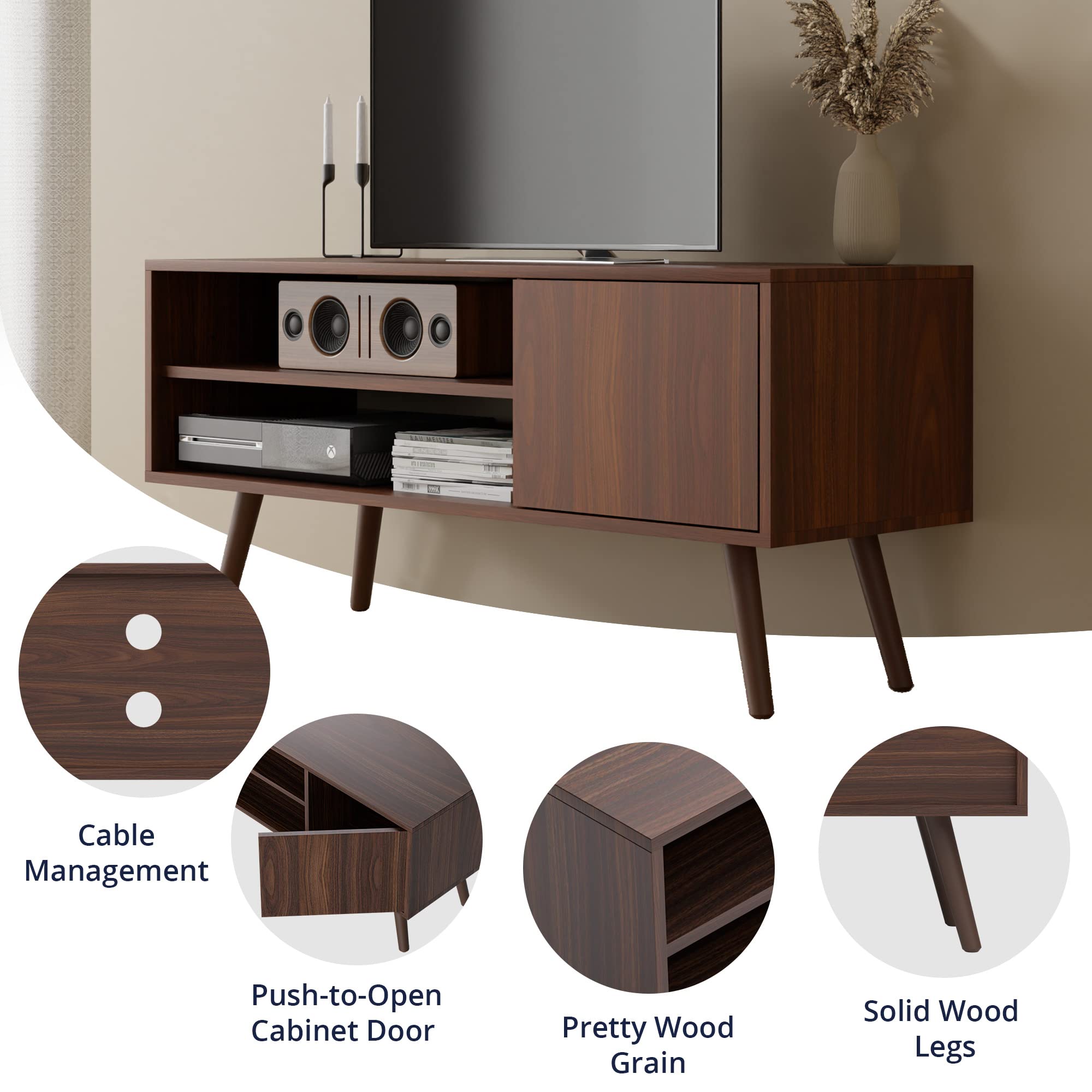 Cozy TV Stand for 50 Inch TV, Mid Century Modern Entertainment Center with Storage Cabinet