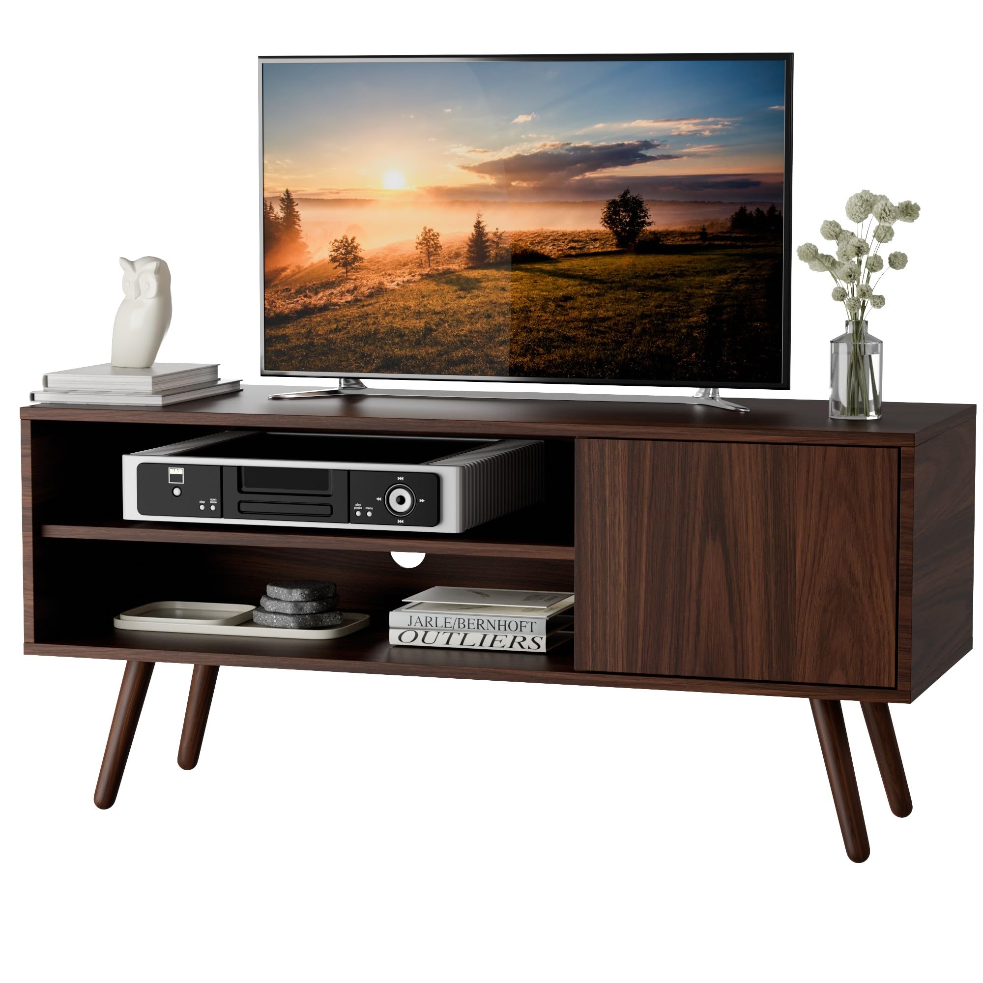 Cozy TV Stand for 50 Inch TV, Mid Century Modern Entertainment Center with Storage Cabinet