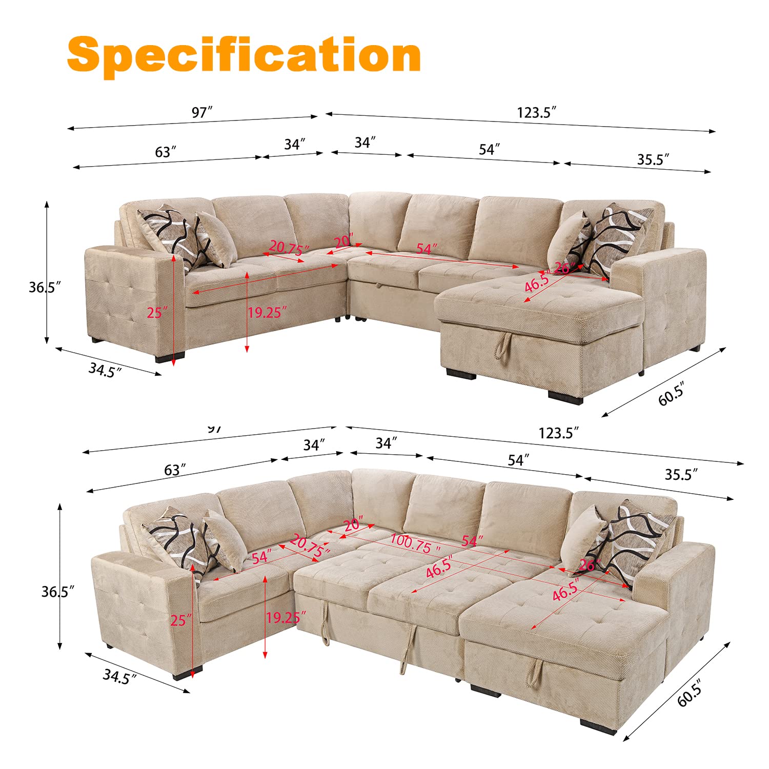 Oversized Sectional Couch with Pull Out Bed