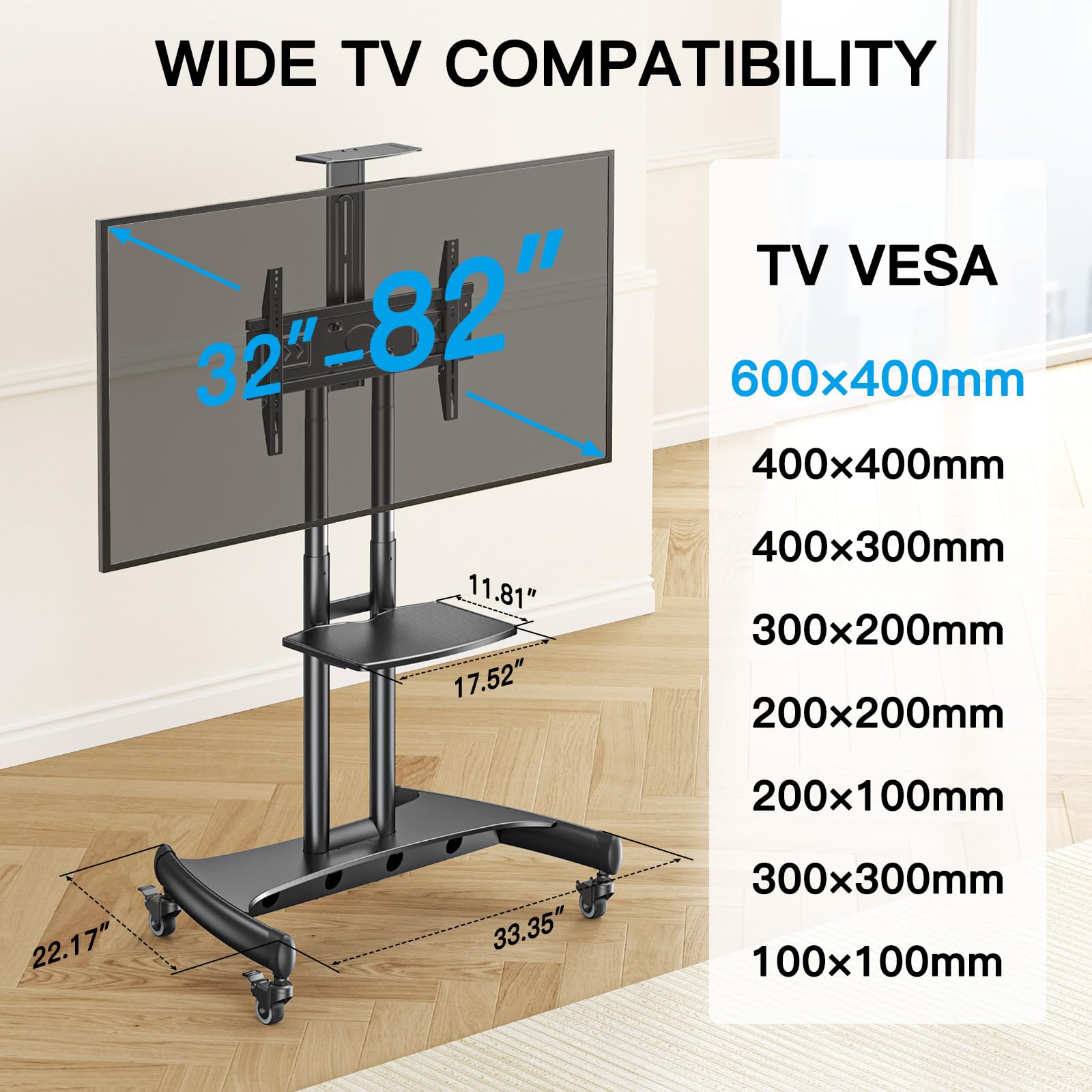 Rolling/Mobile TV Cart with Wheels for 4K Flat Screen TVs