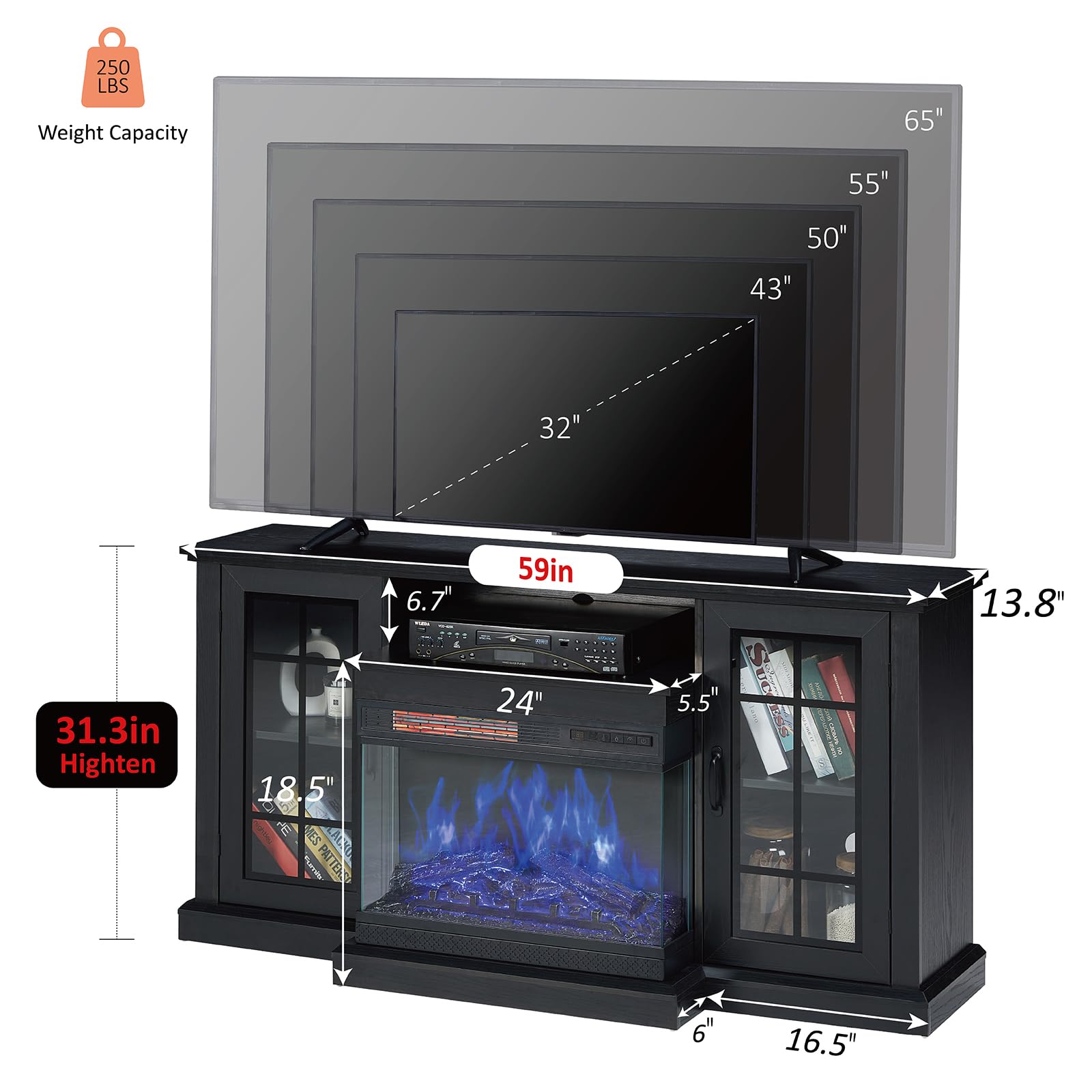 3-Sided Glass Fireplace TV Stand for TVs up to 65''