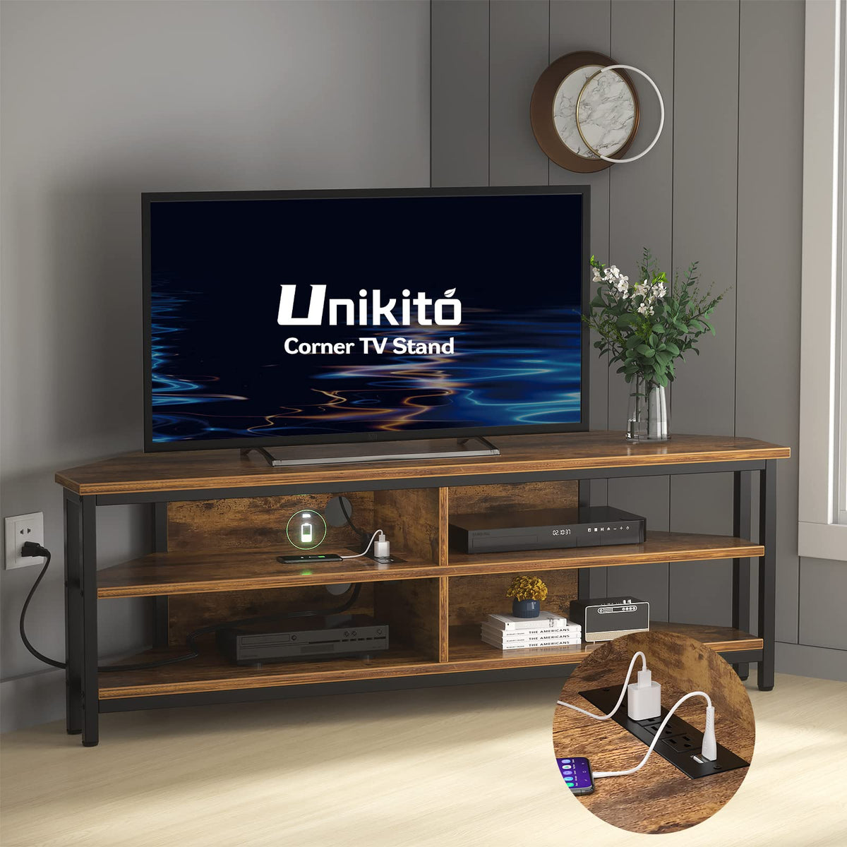 Rustic Corner TV Stand with Outlets – LivingSpace Gear