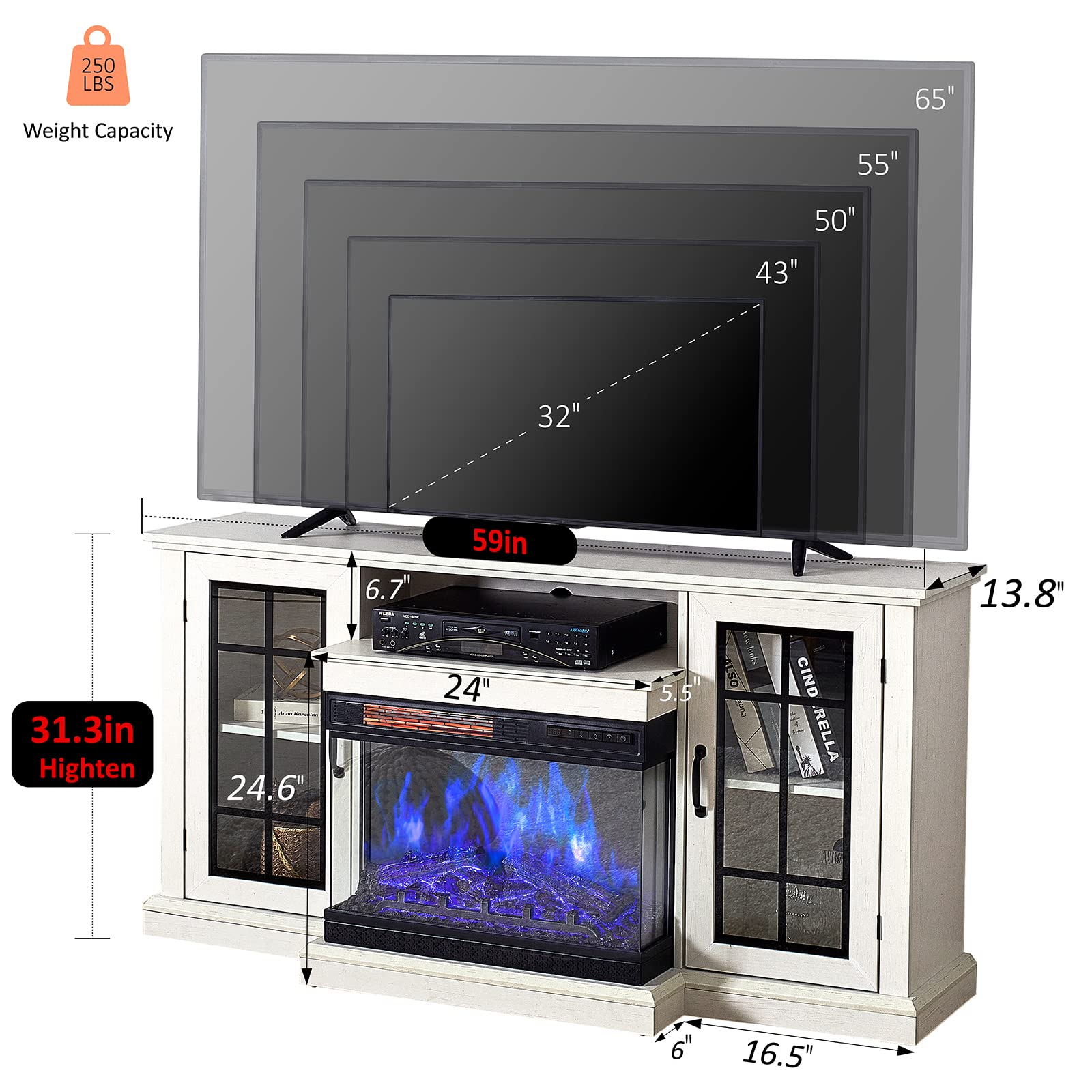 3-Sided Glass Fireplace TV Stand for TVs up to 65''