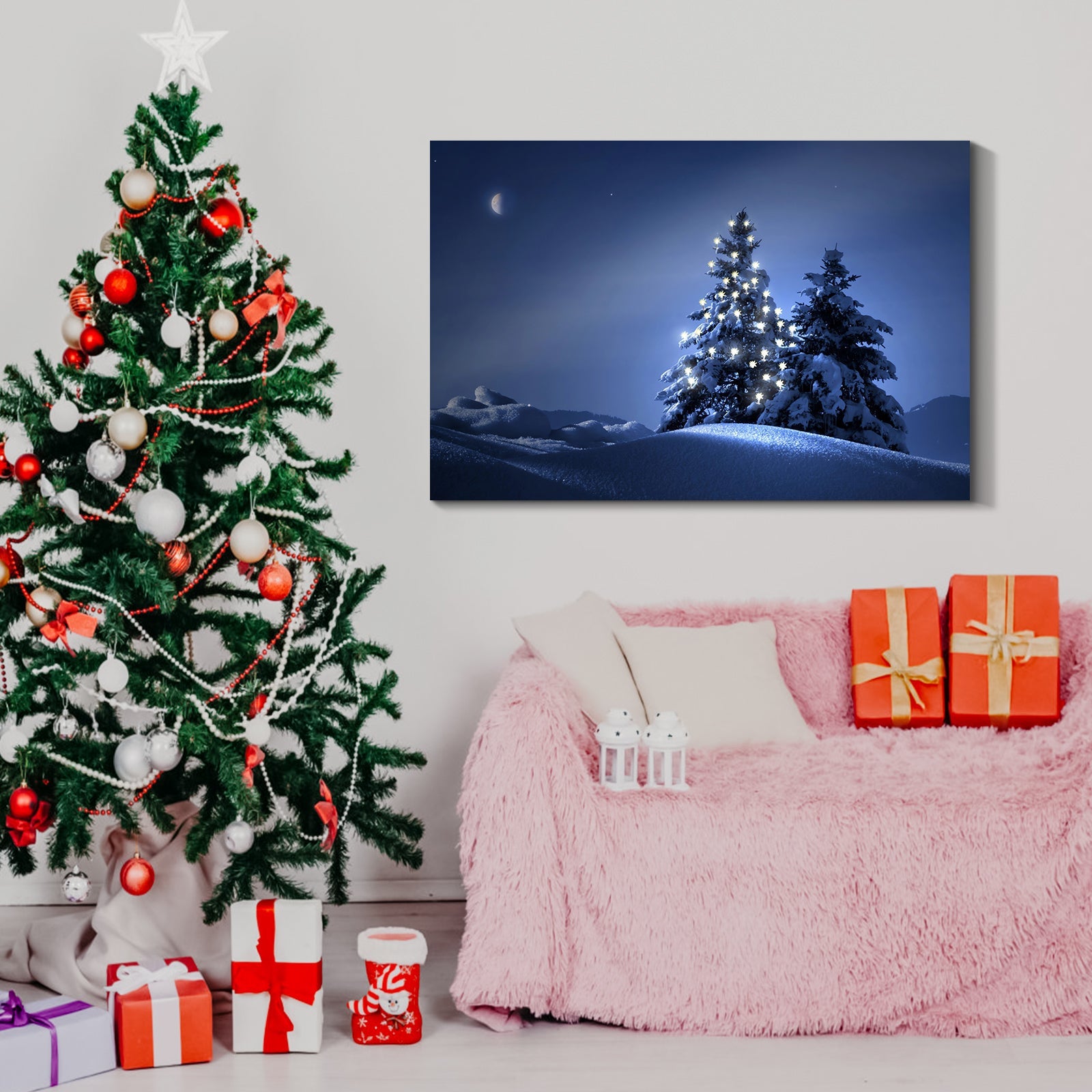 Framed Canvas Wall Art Lighted Pine Tree at Night  Christmas  Painting