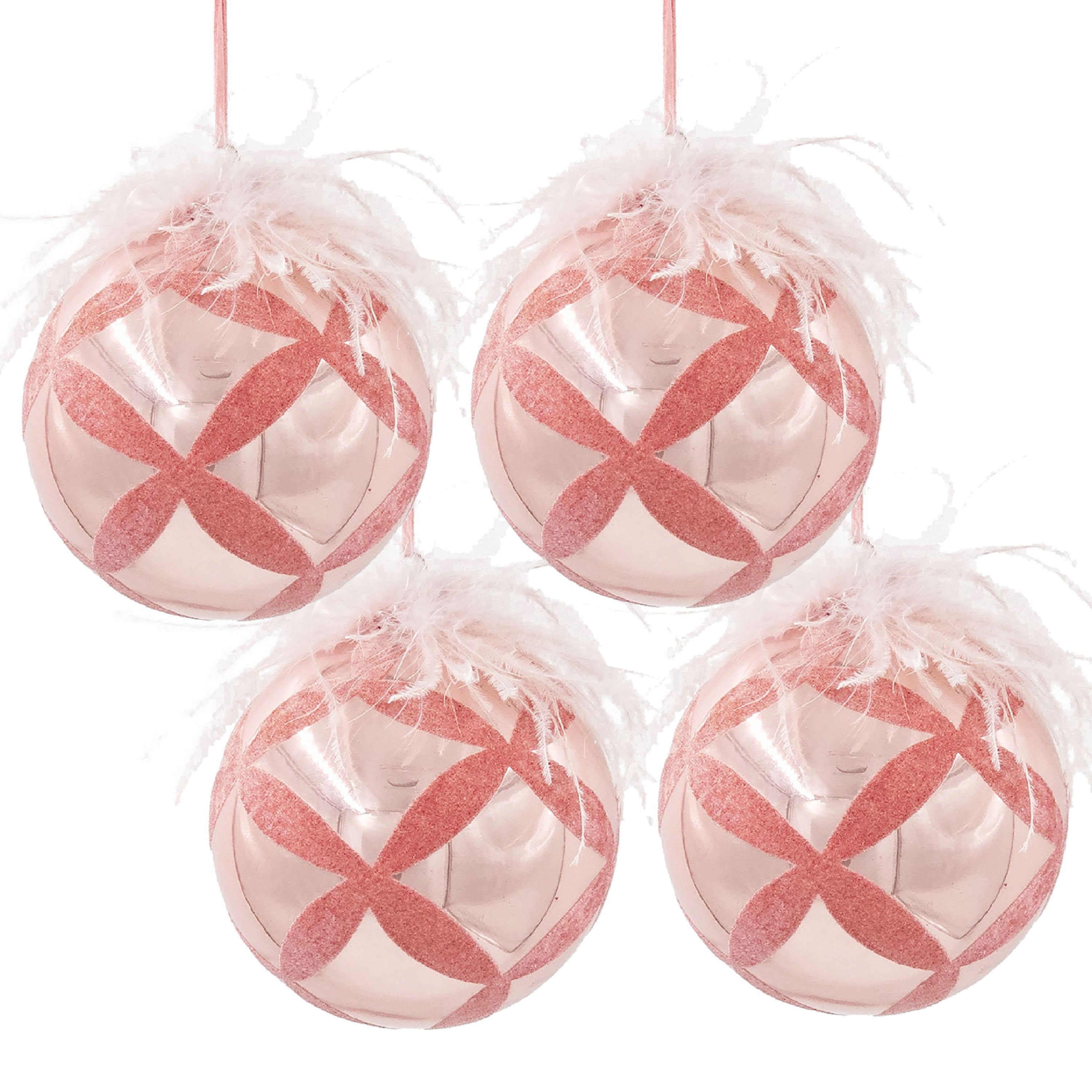 Clear with Pink  Christmas Ball Ornaments, Set of 4