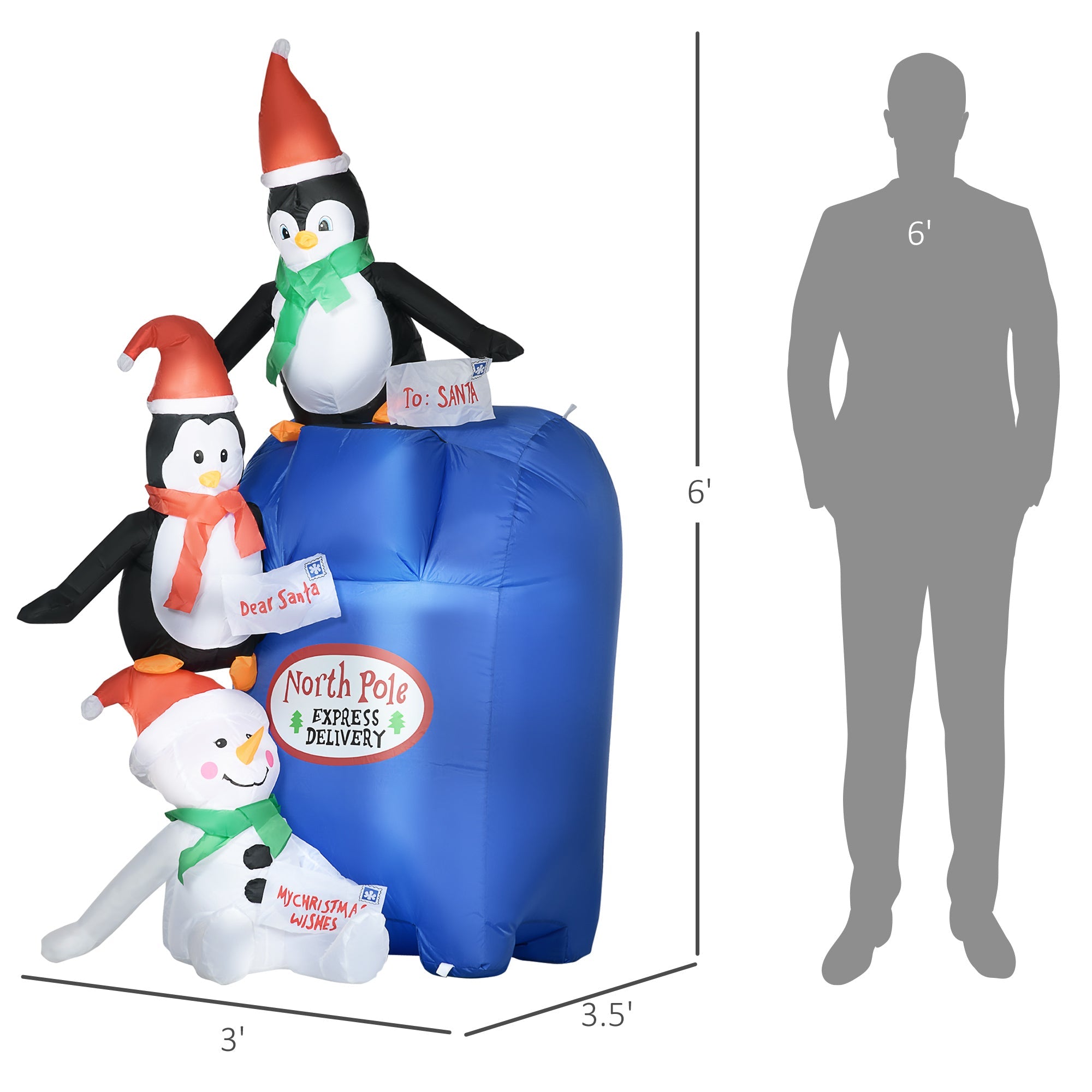 6ft  North Pole Mailbox with Penguins and Snowman, Blow-Up Yard  Decor with LED Lights Display