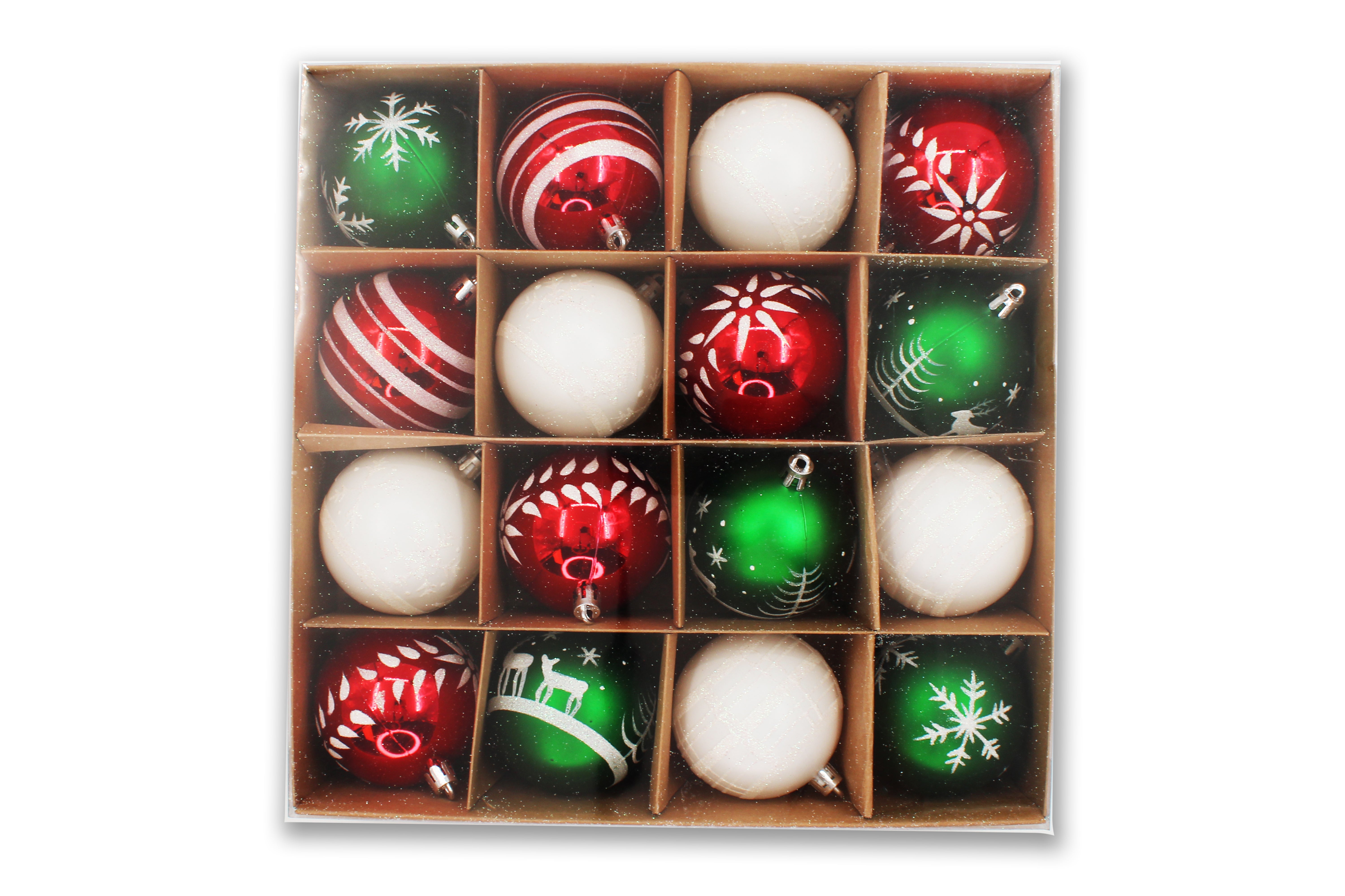 16 Pack Red, White and Green Assorted Ball Ornaments