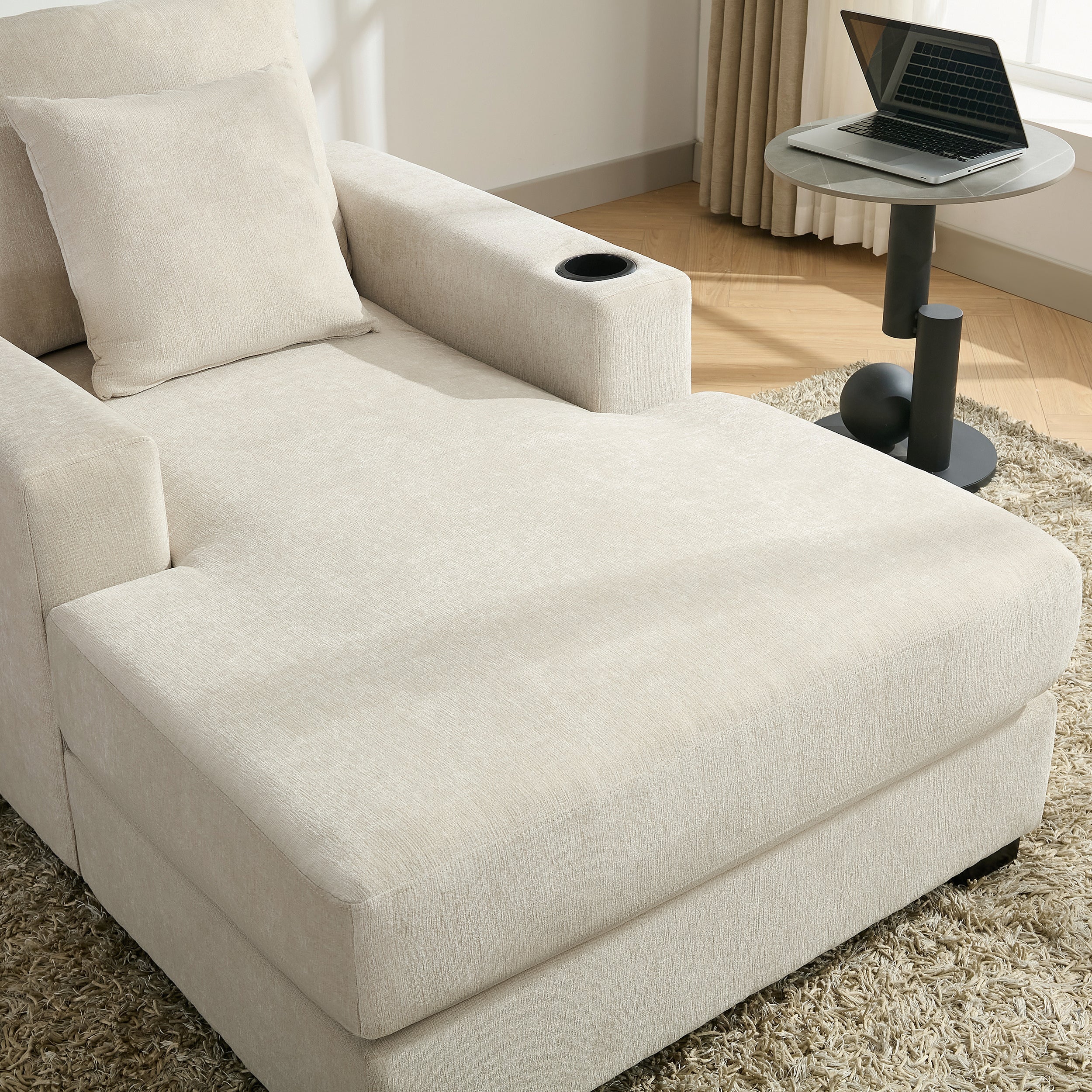 39.7" Oversized Chaise Lounger Modern Style Sofa Couch ,with Pillows, Charge Station & Cup Holders, Chenille Fabric, Cream