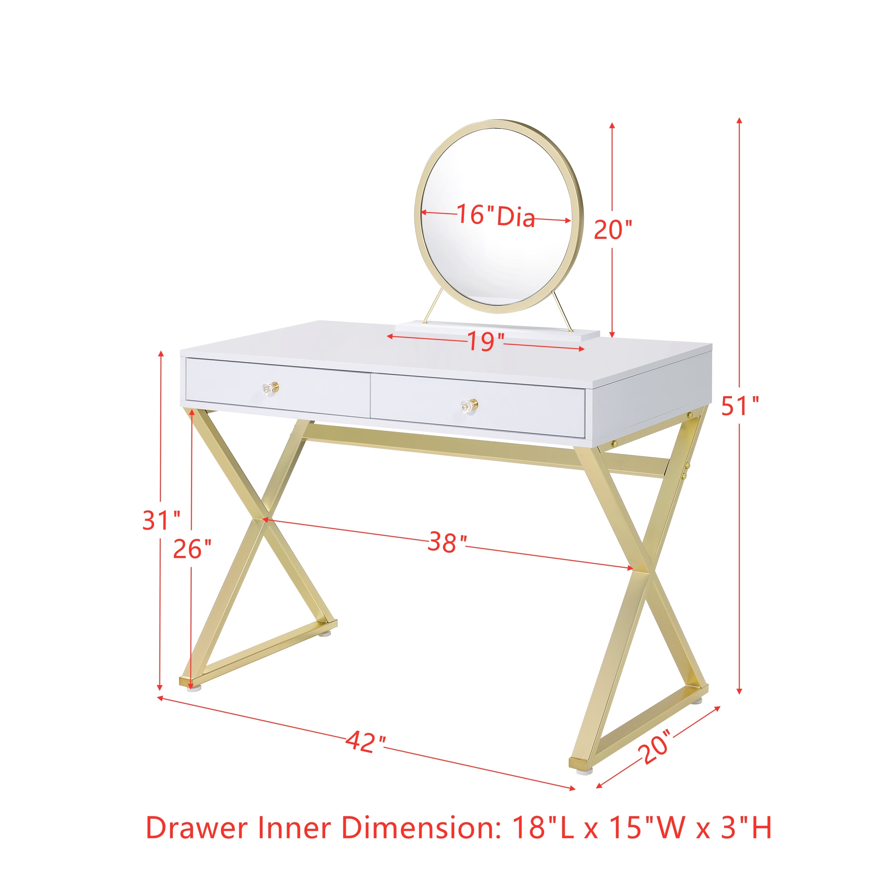 Coleen Vanity Desk w/Mirror & Jewelry Tray in White & Gold Finish