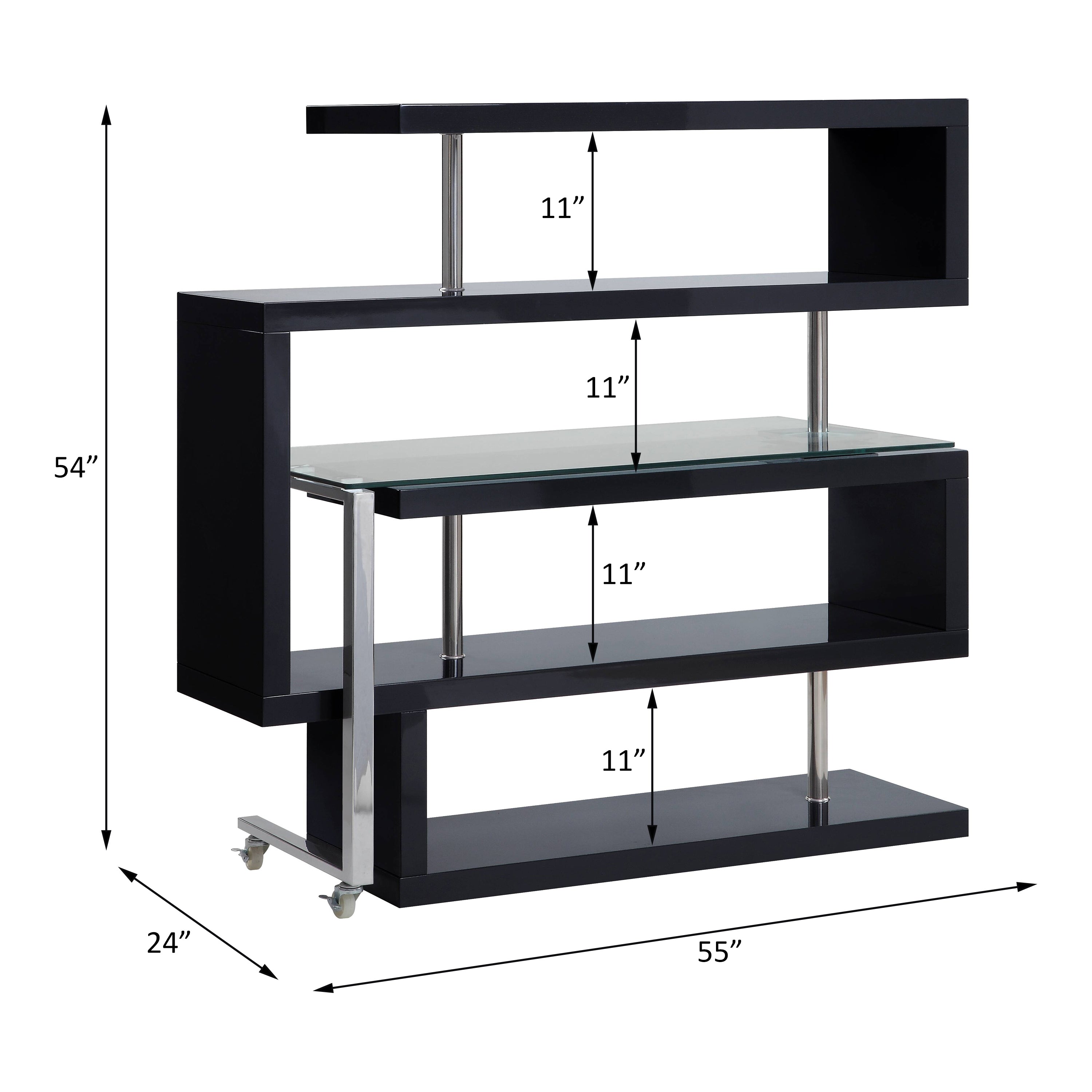 Buck II Clear Glass, Chrome High Gloss Finish Writing Desk with Shelf- Black