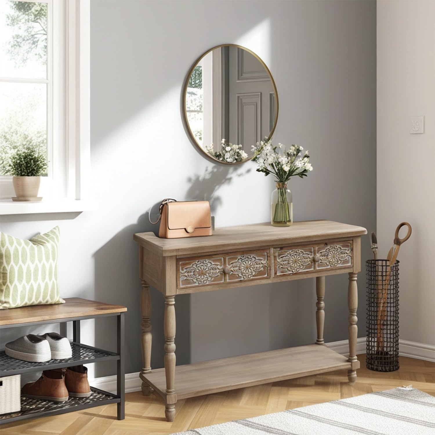 Retro Wood Console Table with 1 Bottom Shelf and 2 Carved Design Drawers, Accent Entryway Table Furniture