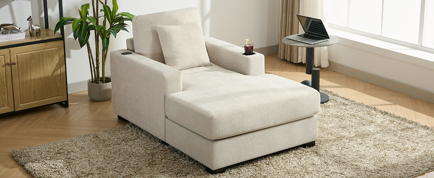 39.7" Oversized Chaise Lounger Modern Style Sofa Couch ,with Pillows, Charge Station & Cup Holders, Chenille Fabric, Cream