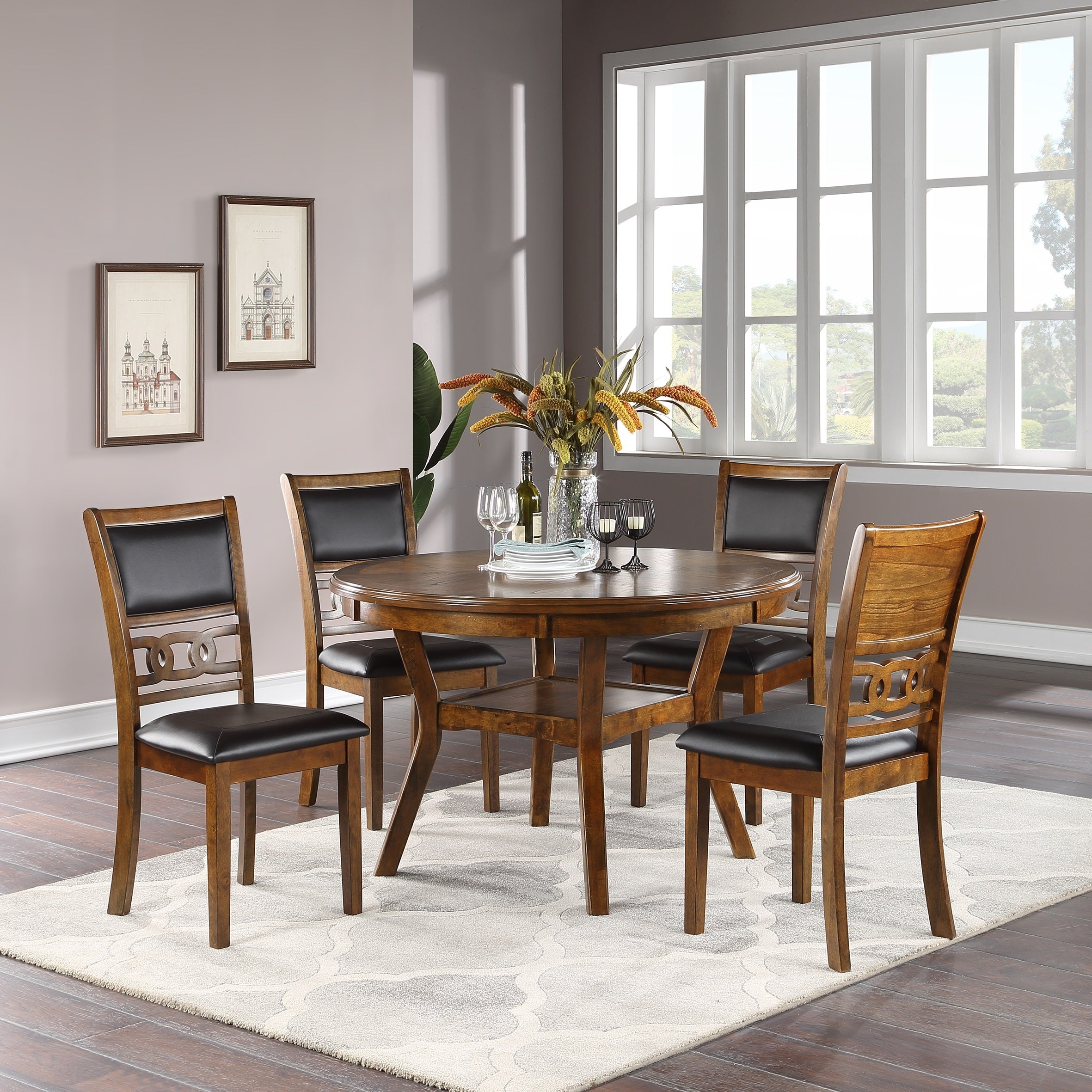 Contemporary  5pc Dining Set - Round Table With 4  Side Chairs Walnut Finish Rubberwood