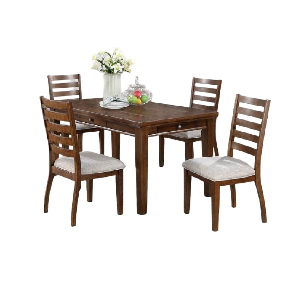 5pc Dining Set- Table with 4 Drawers, 4x Side Chairs Ladder Back Walnut Finish