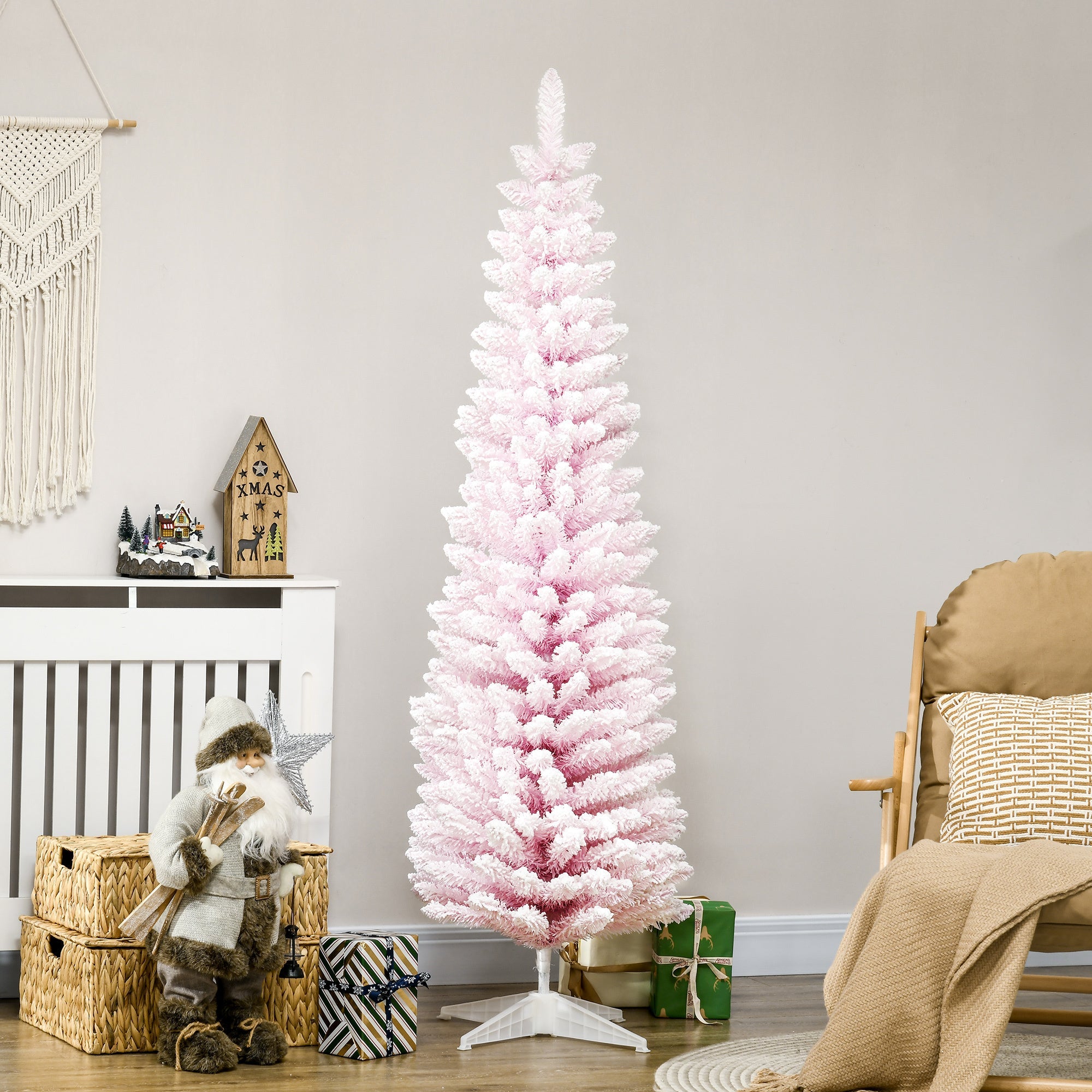 6' Snow Flocked Pencil Christmas Tree, Slim - Pink