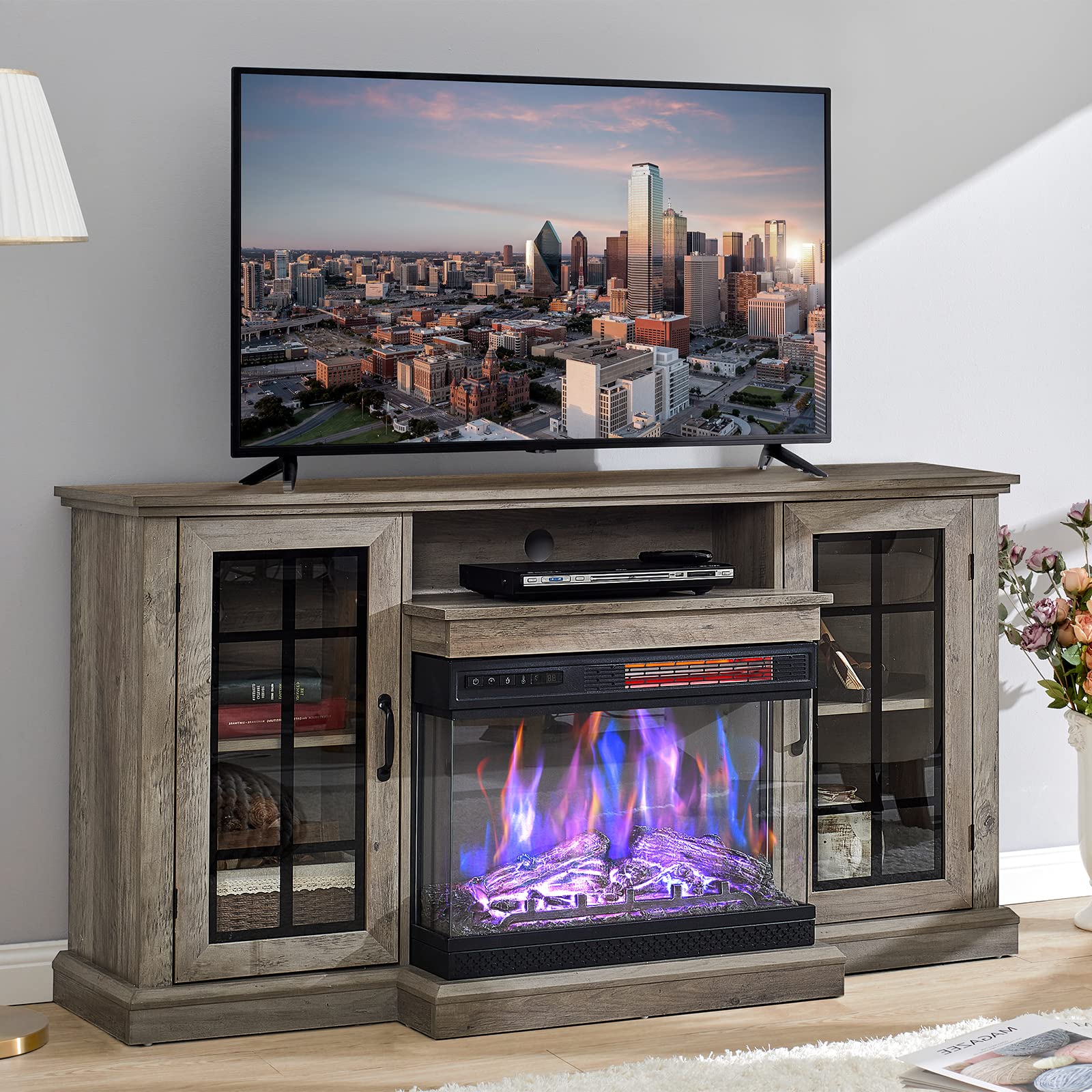 3-Sided Glass Fireplace TV Stand for TVs up to 65''