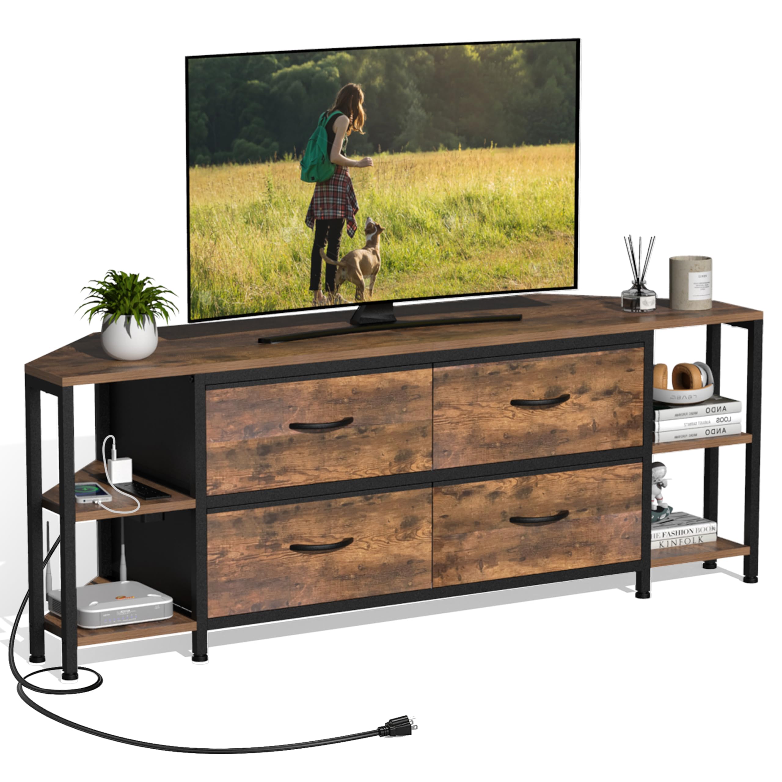 Modern Corner TV Stand with 4 Drawers