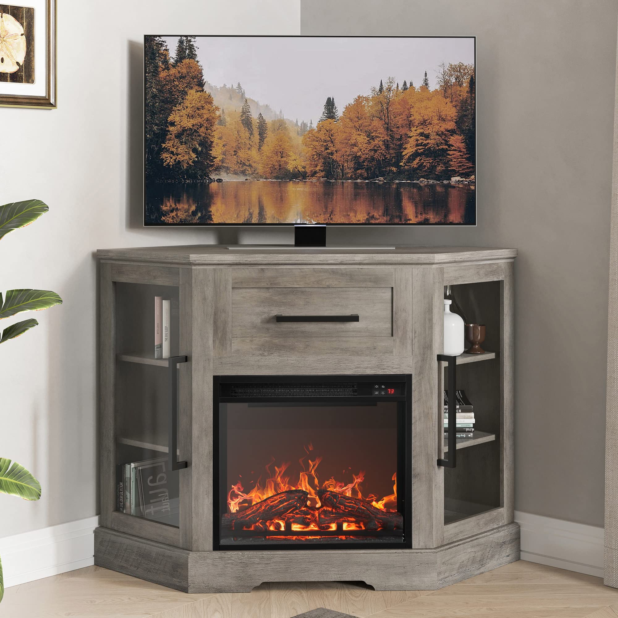 Corner TV Stand with Electric Fireplace Heater