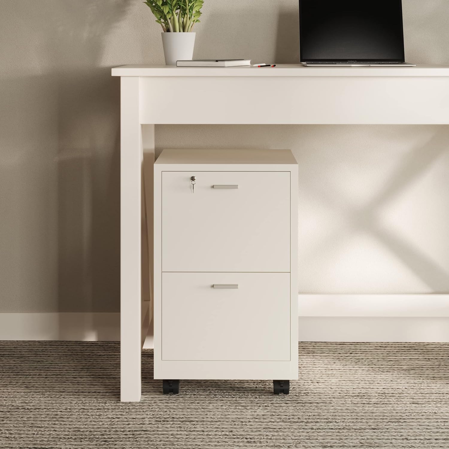 White 2-Drawer Filing Cabinet with Lock