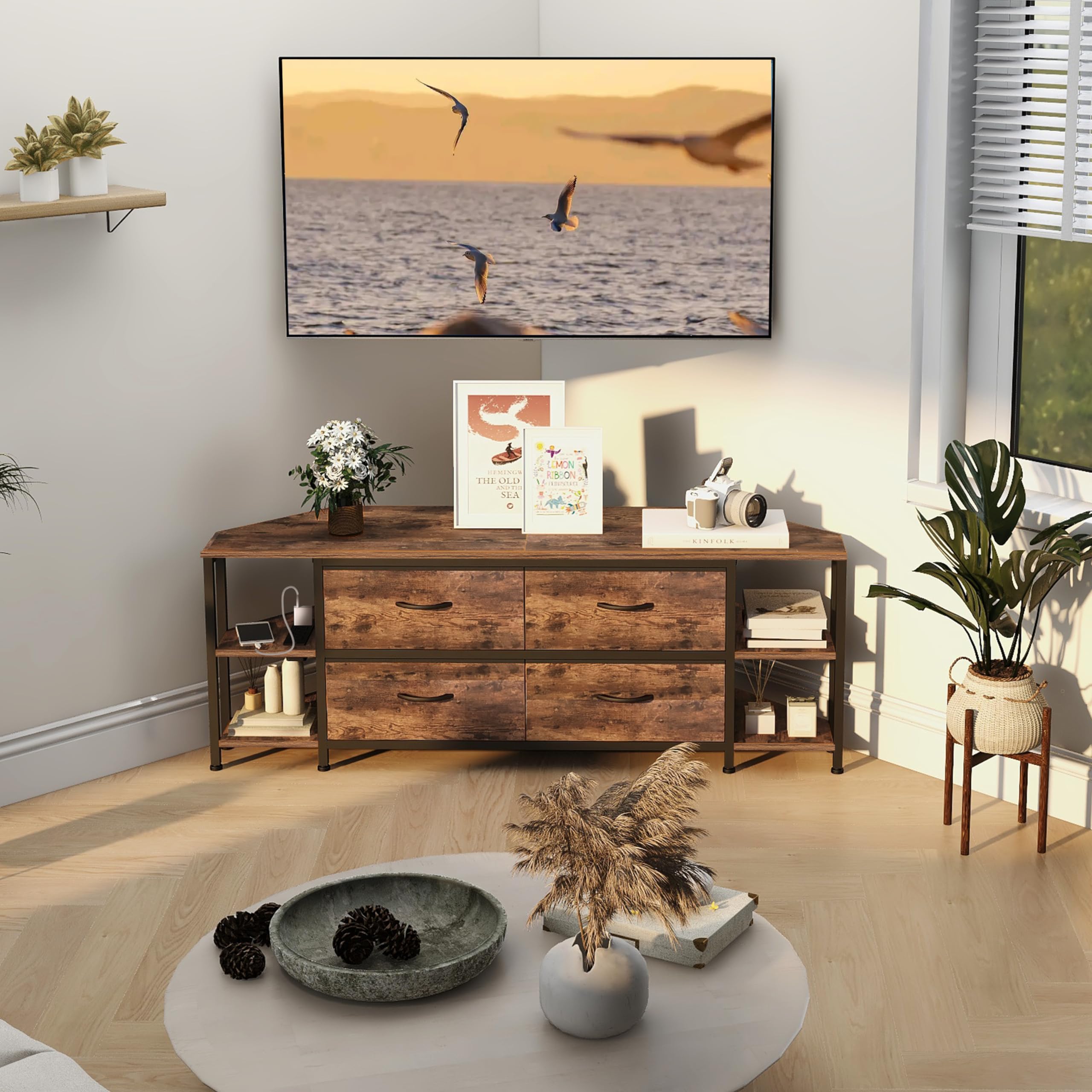 Modern Corner TV Stand with 4 Drawers