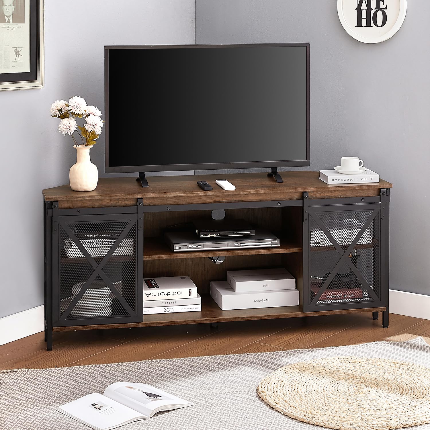 Corner TV Stand with Sliding Barn Door