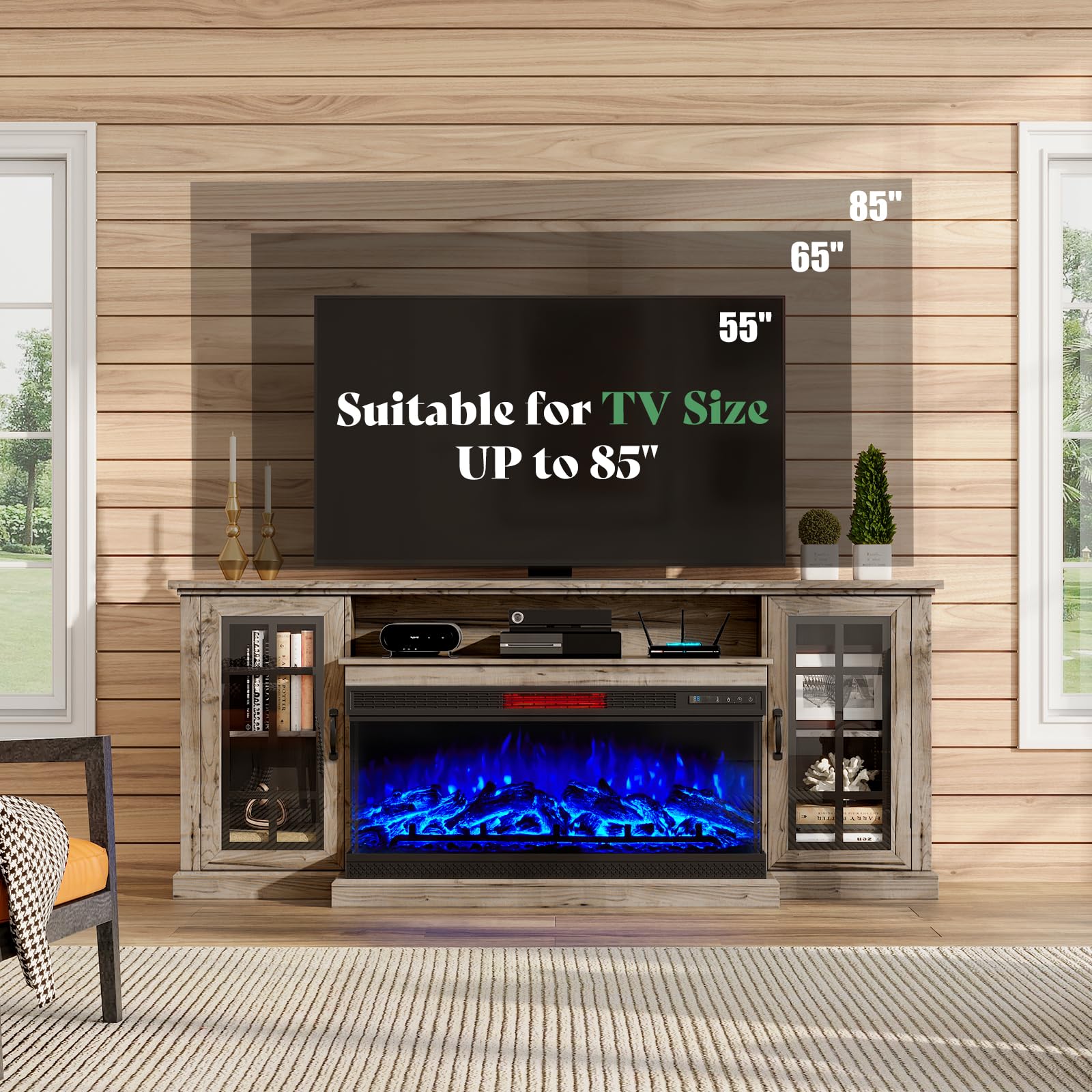 3-Sided Glass Fireplace TV Stand for TVs up to 65''