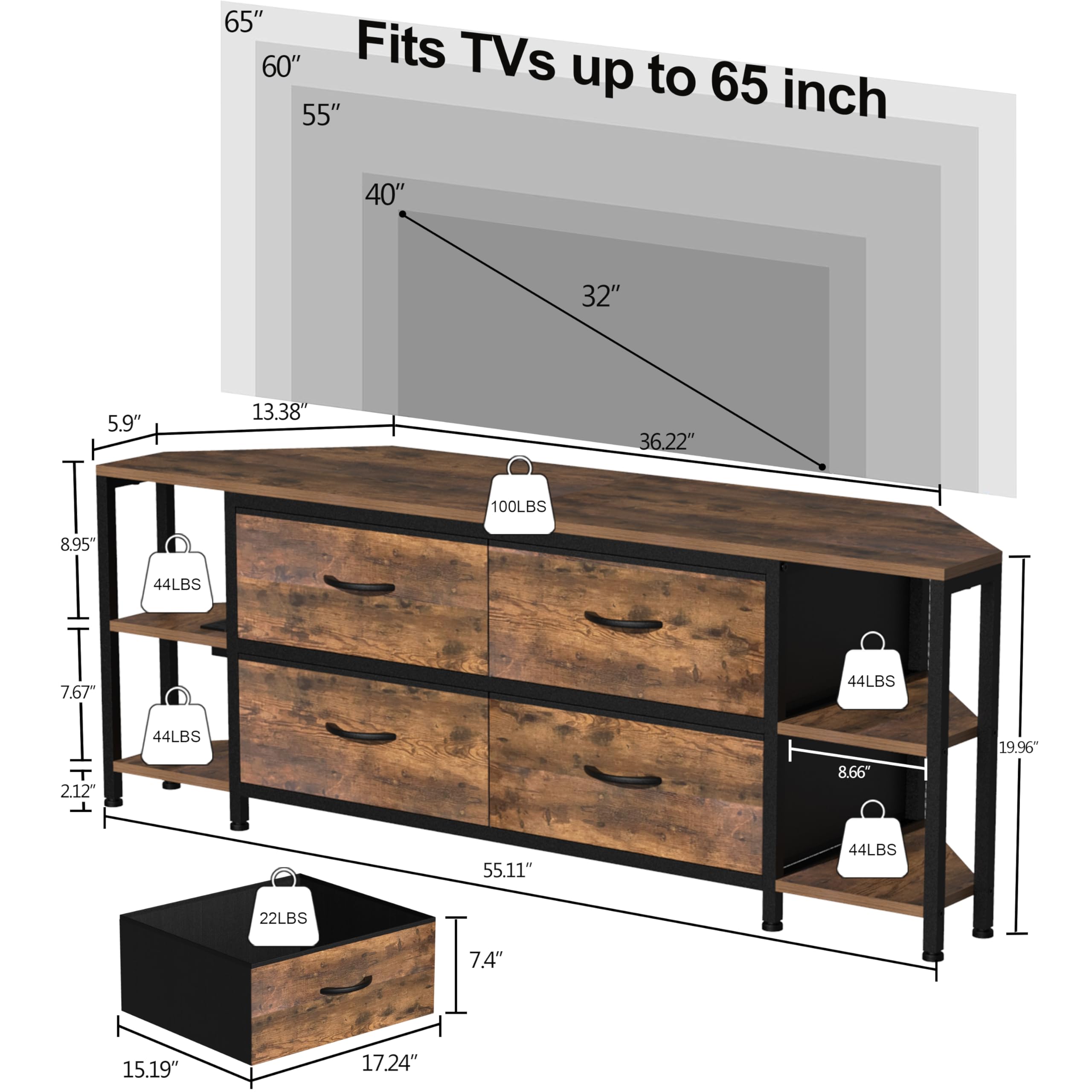 Modern Corner TV Stand with 4 Drawers