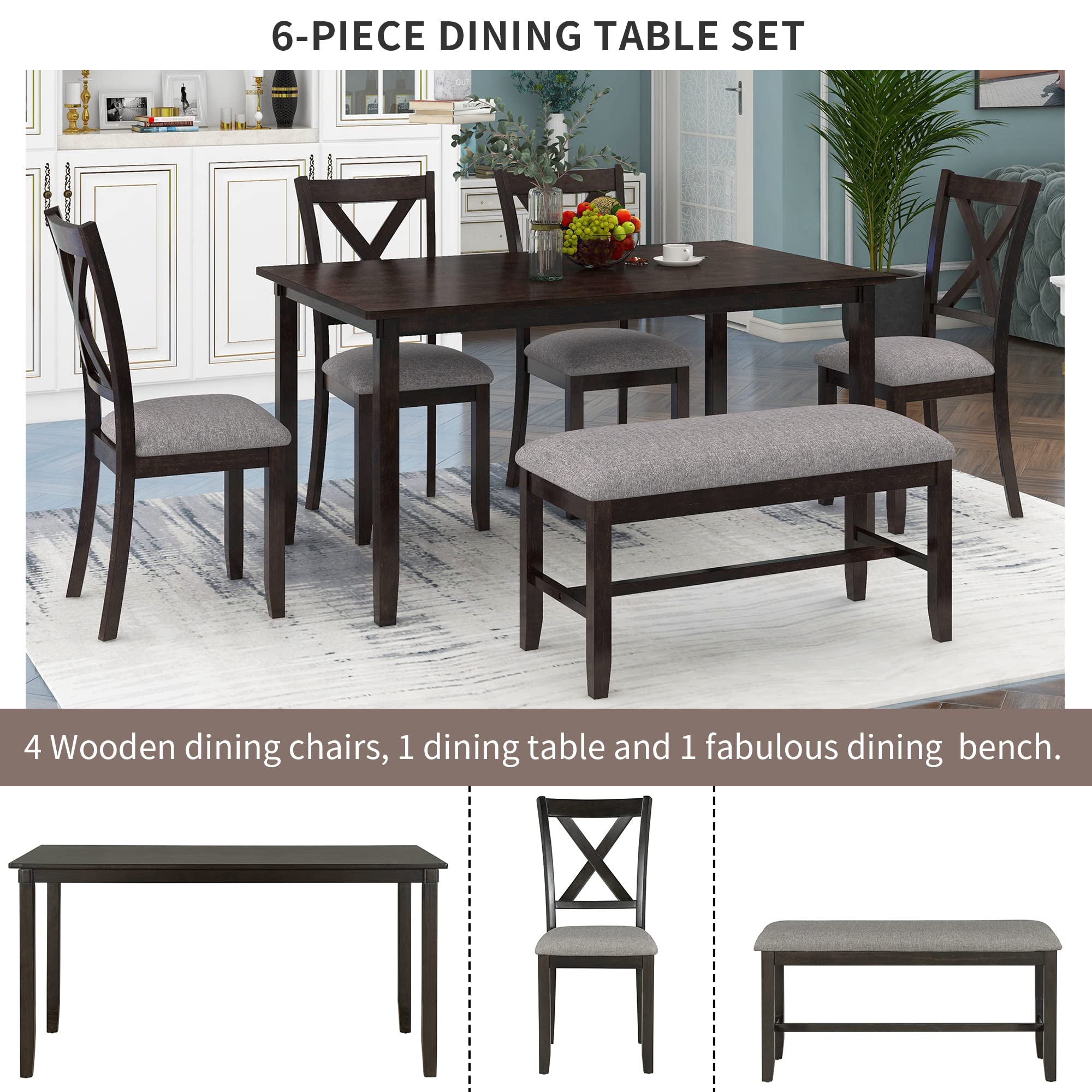 6-Piece Retro Wood Dining Set