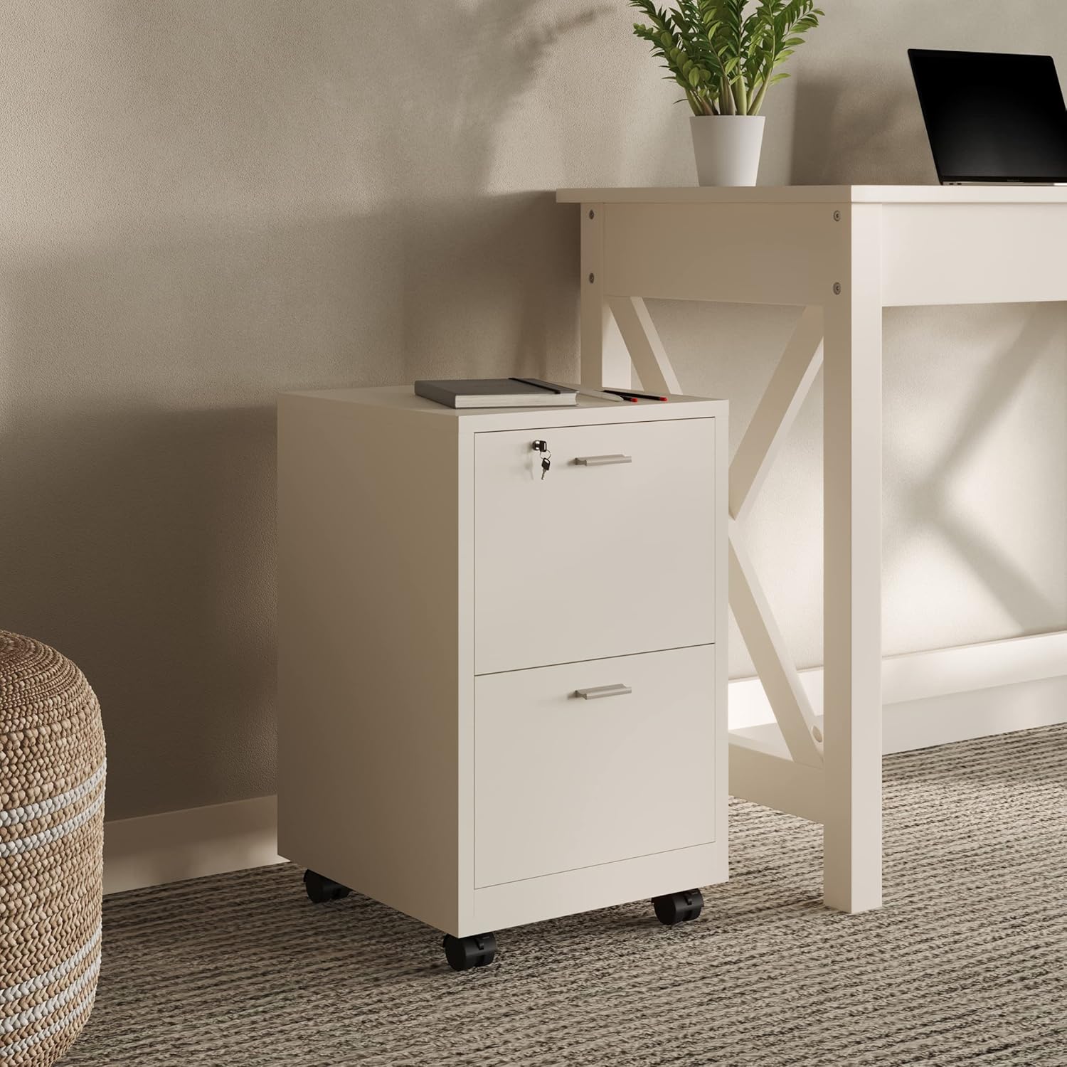 White 2-Drawer Filing Cabinet with Lock