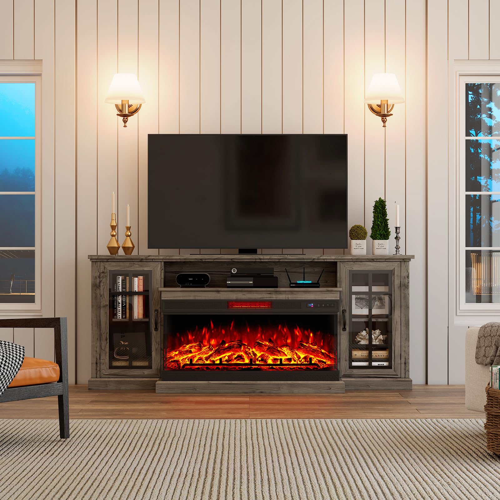 3-Sided Glass Fireplace TV Stand for TVs up to 65''