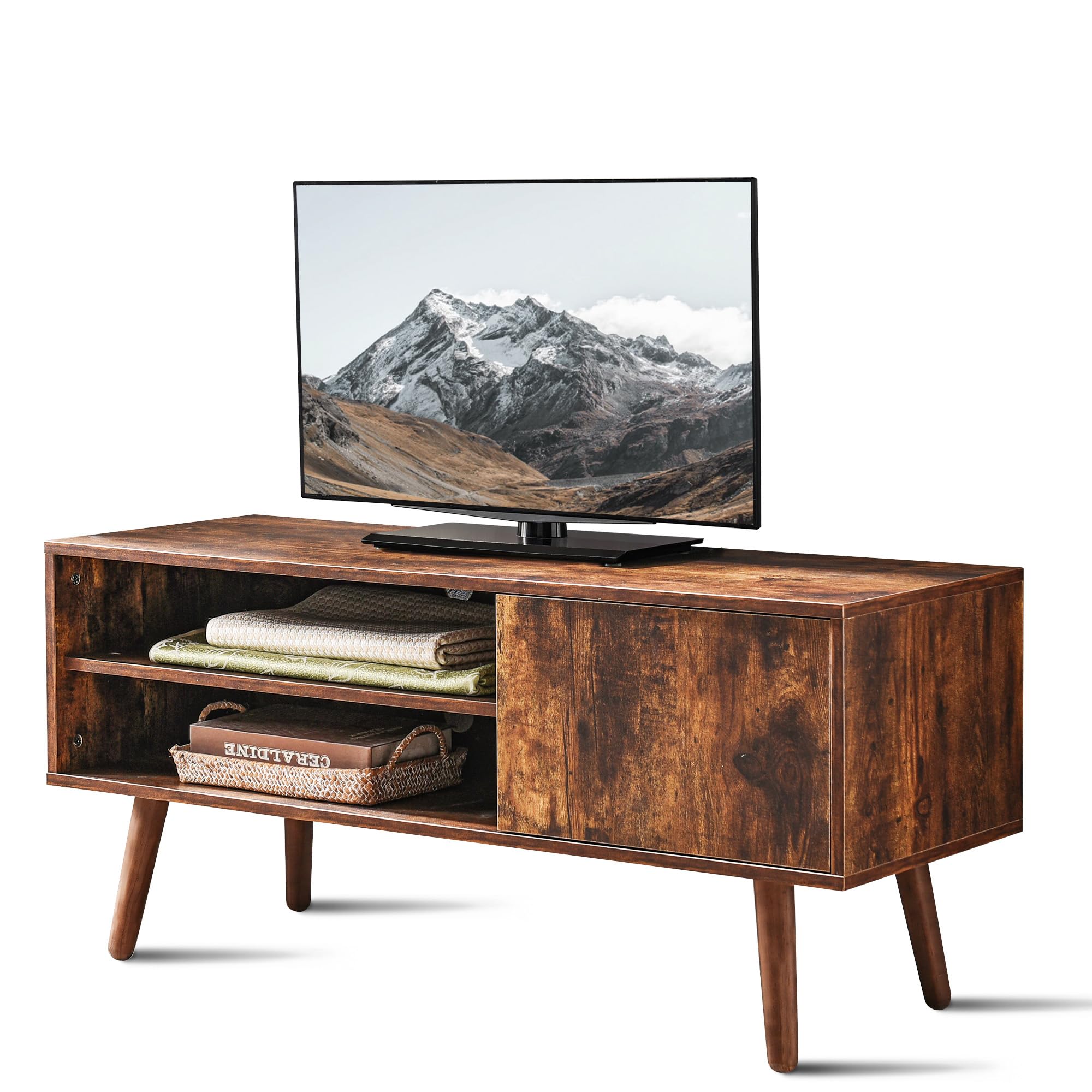 Cozy TV Stand for 50 Inch TV, Mid Century Modern Entertainment Center with Storage Cabinet