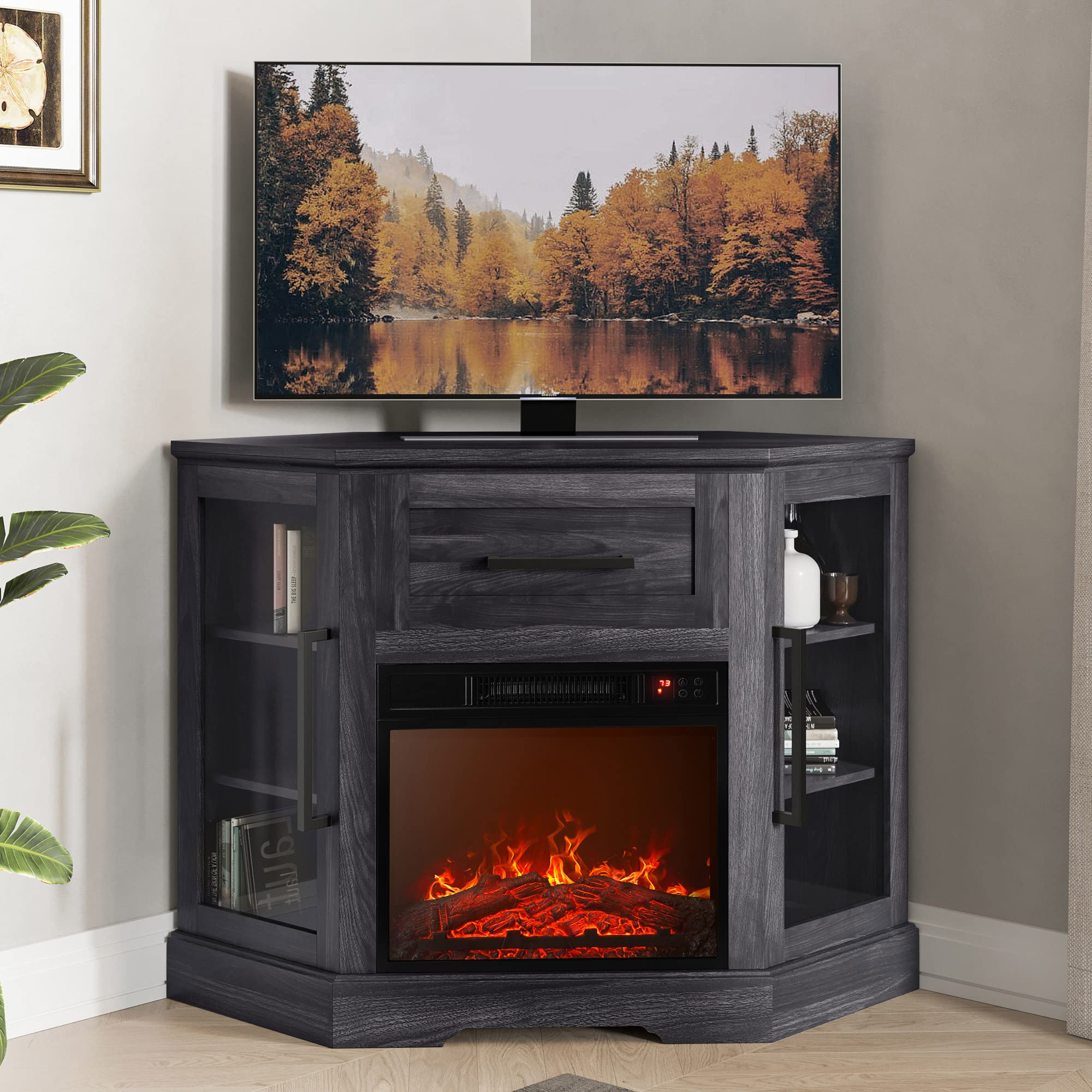 Corner TV Stand with Electric Fireplace Heater