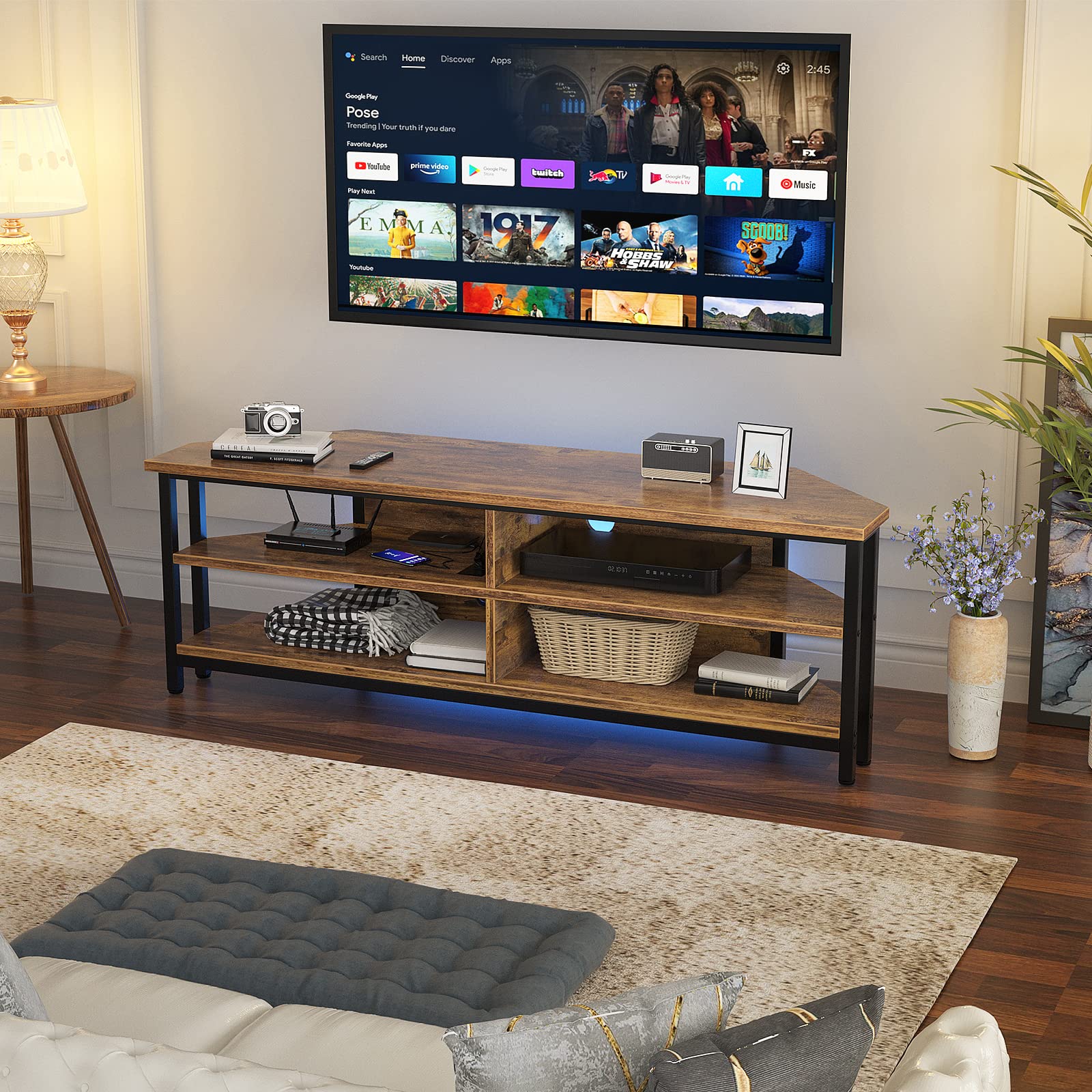 Rustic Corner TV Stand with Outlets