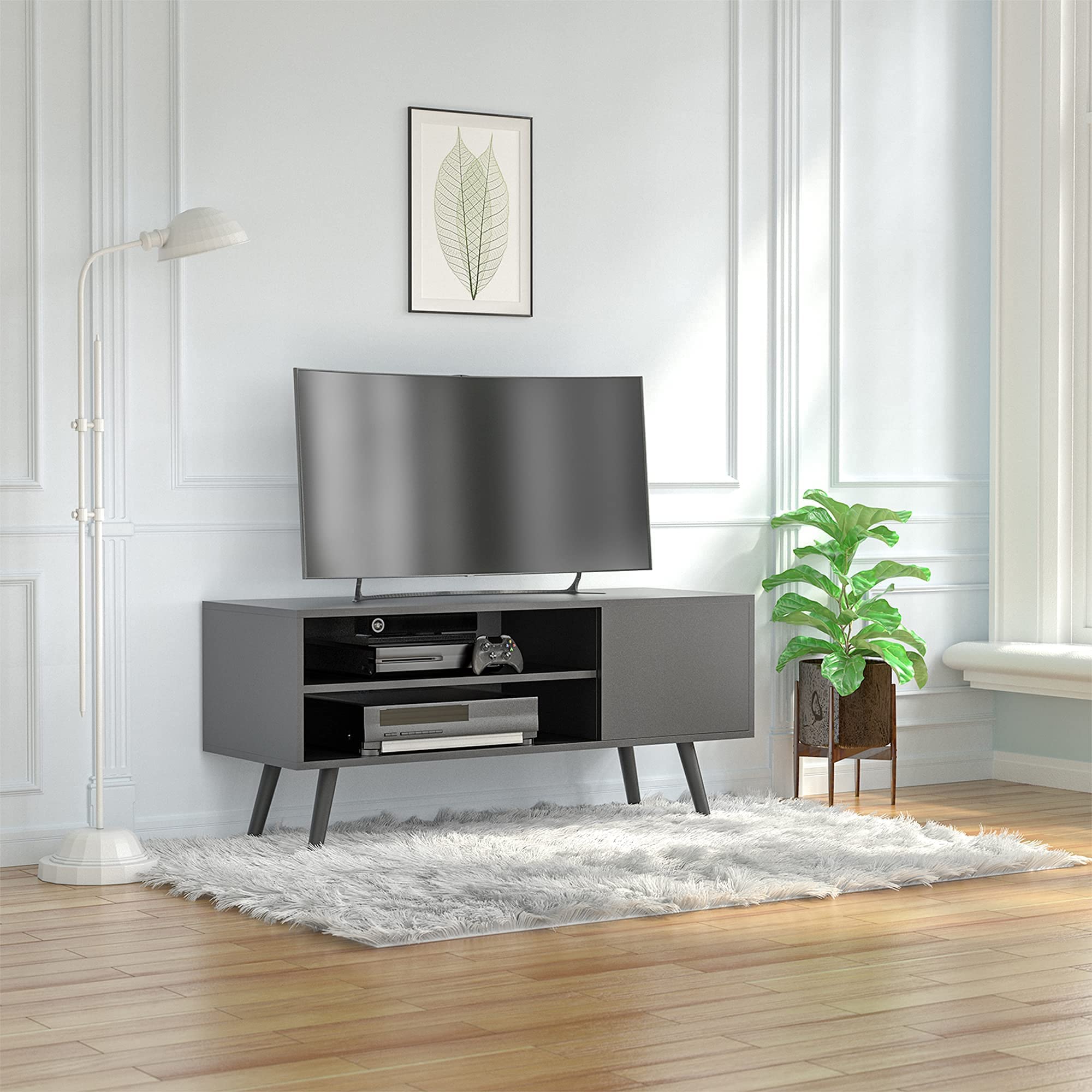 Cozy TV Stand for 50 Inch TV, Mid Century Modern Entertainment Center with Storage Cabinet