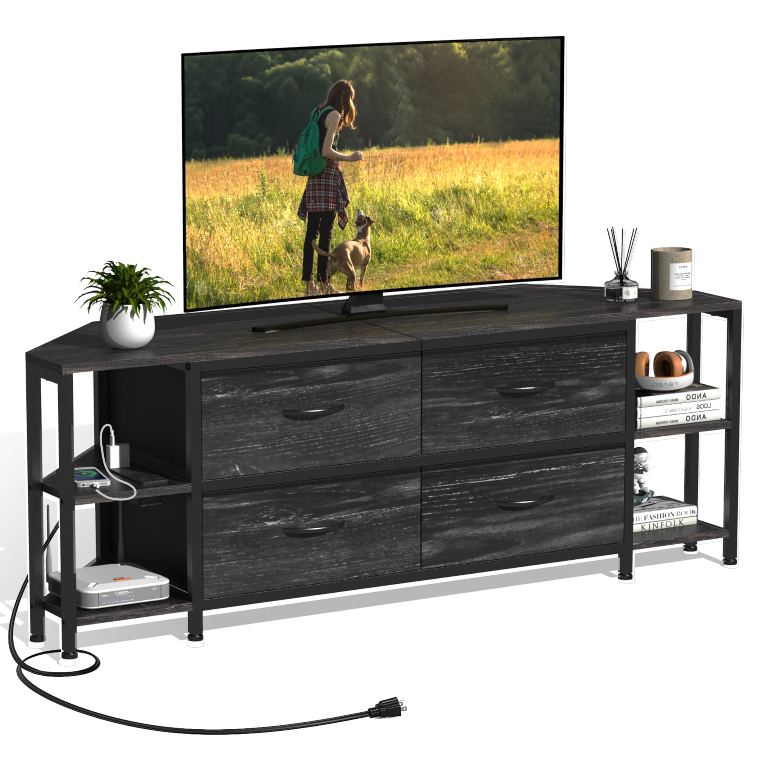 Modern Corner TV Stand with 4 Drawers