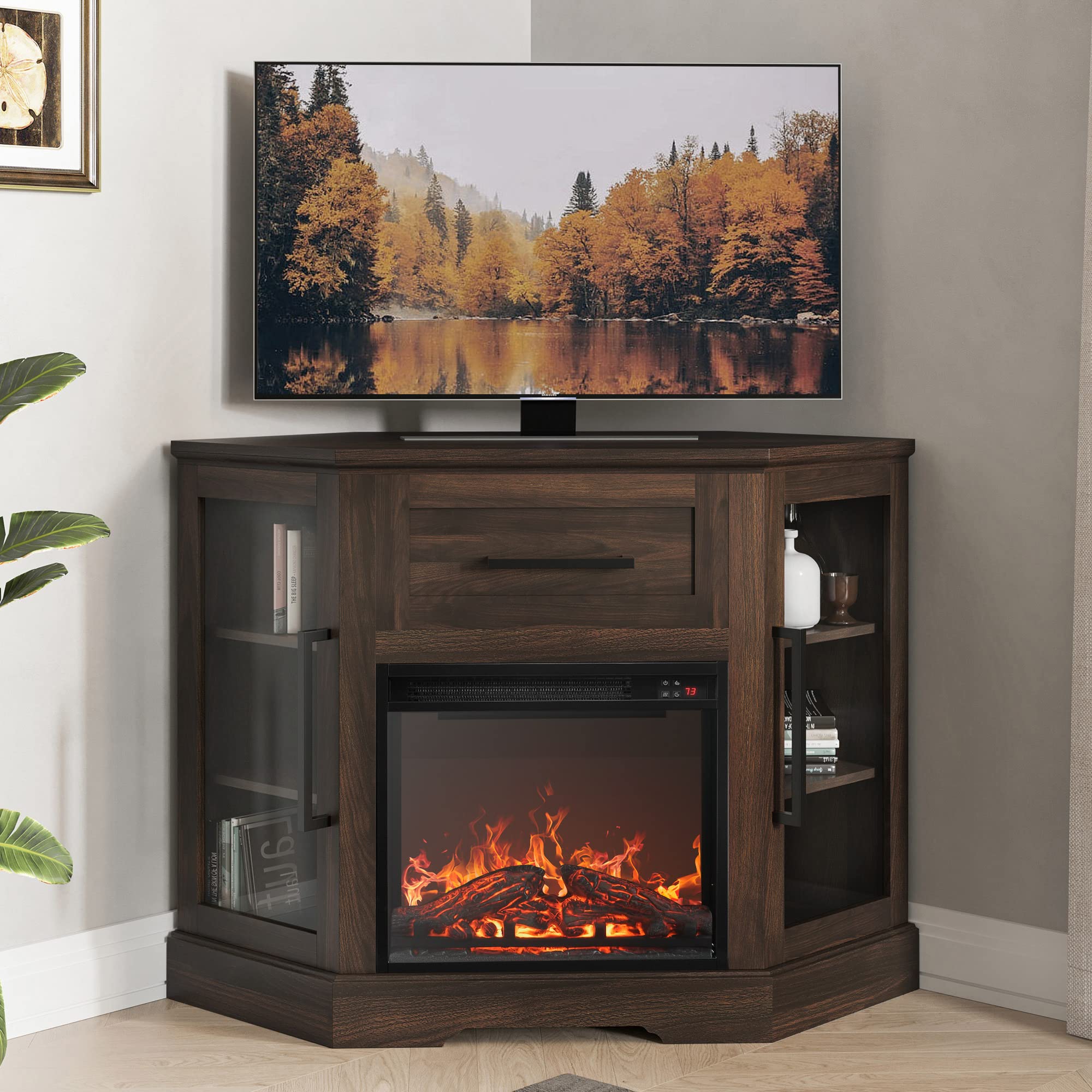 Corner TV Stand with Electric Fireplace Heater