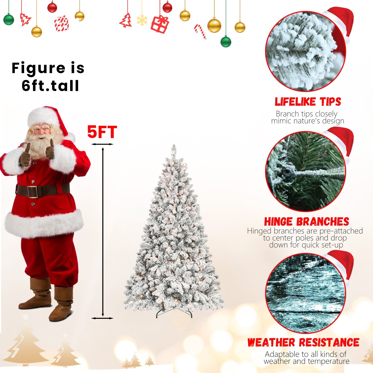 6FT Snow-Flocked Artificial Christmas Tree with Pine Cones, Prelit Xmas Trees, Hinged Easy Assembly & Reinforced Metal Base