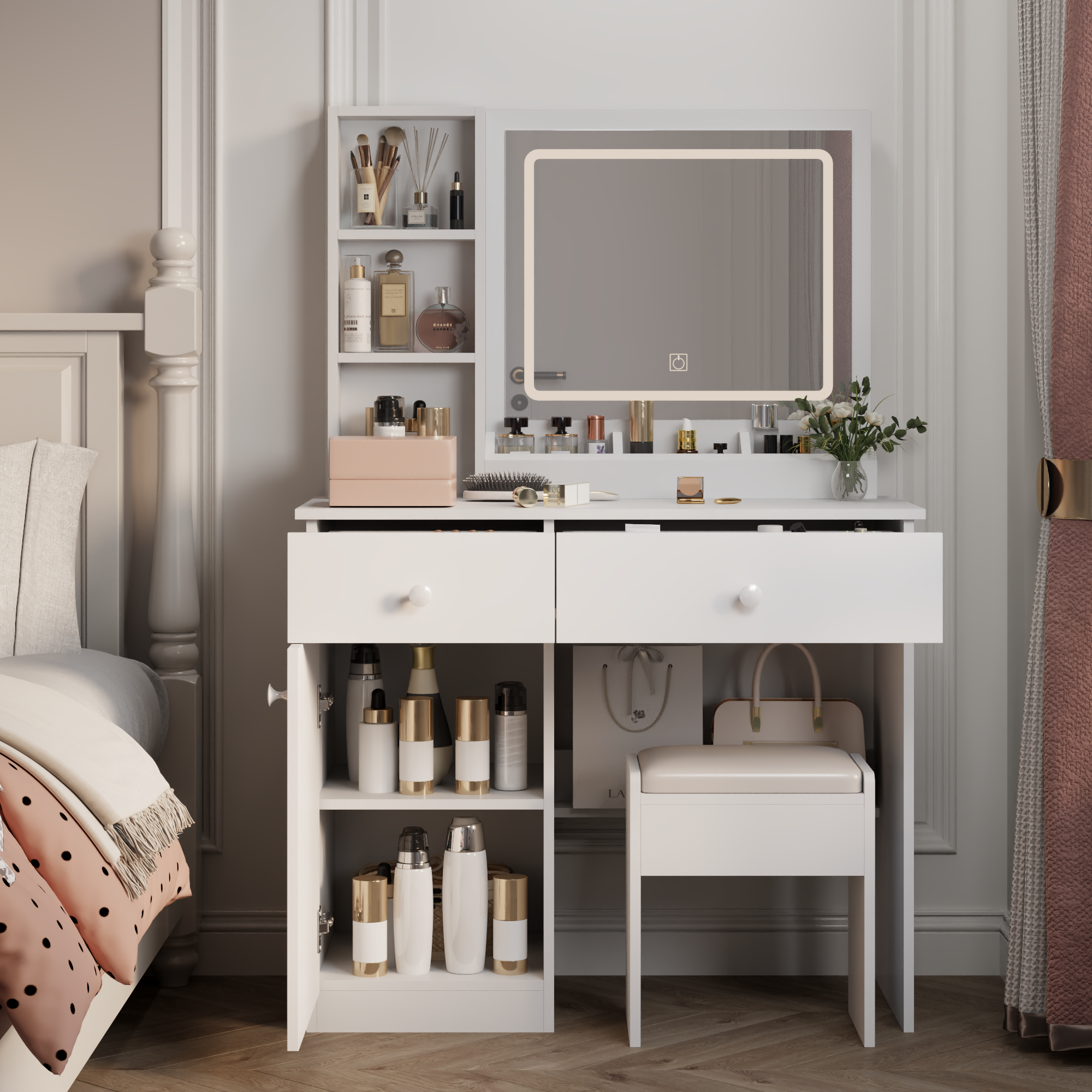 Fashion Vanity Desk with Mirror and Lights for Makeup, Vanity Mirror with Lights and Table Set