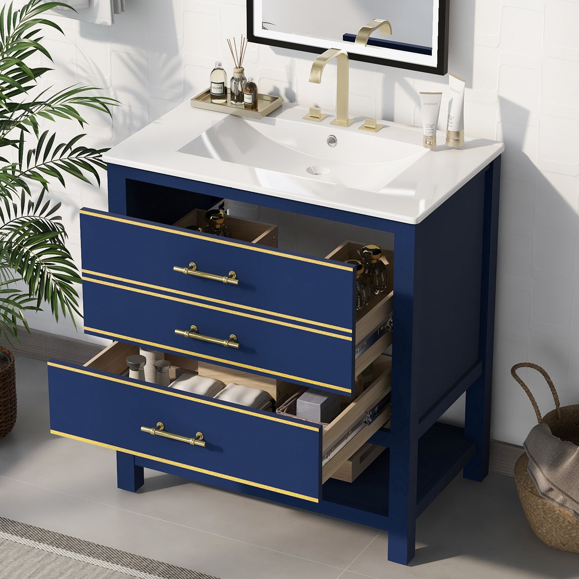 30inch Navy Blue/White Bathroom Vanity Cabinet Combo with Open Storge, Two Drawers