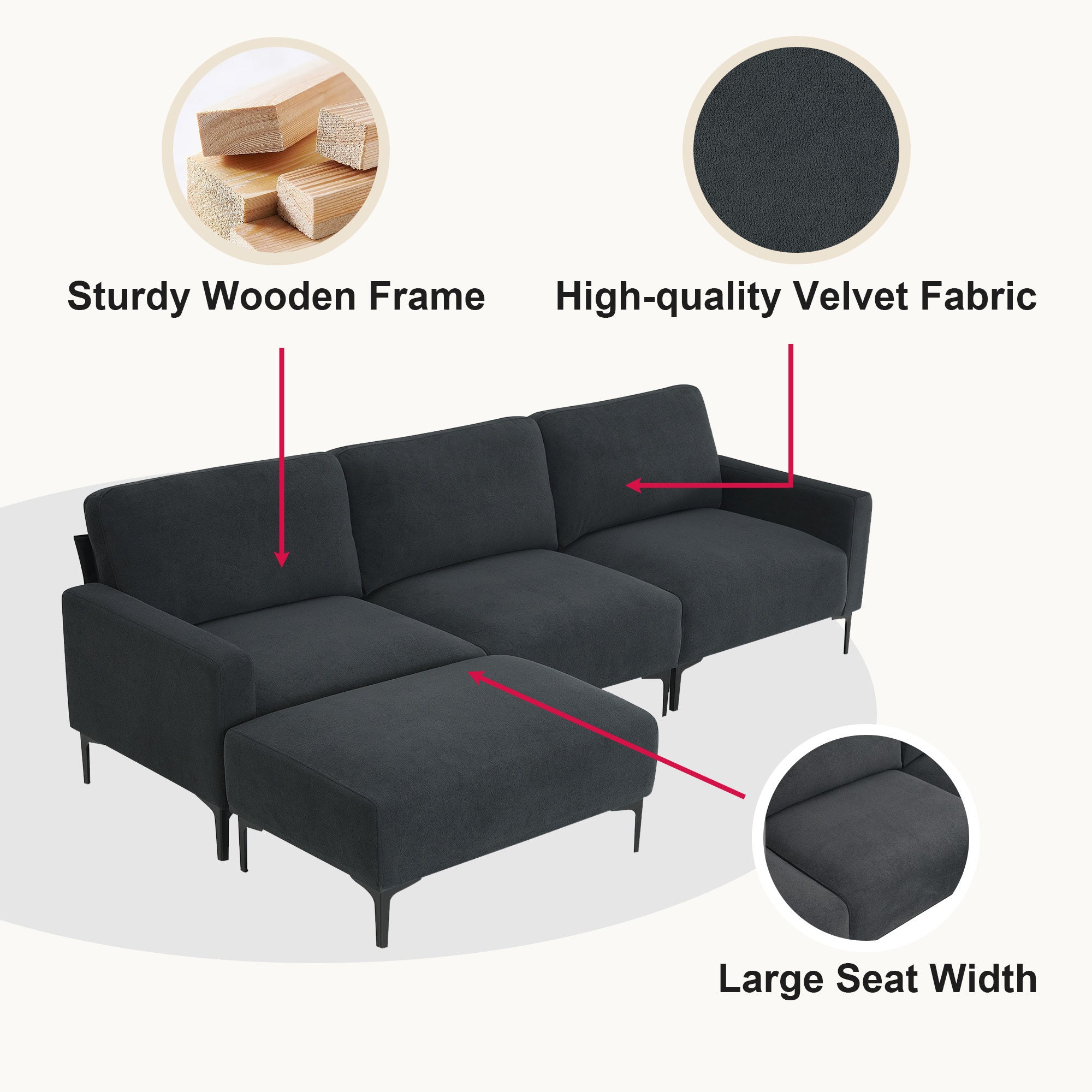 Modern L-shaped Sectional Sofa, 4-seat Velvet Fabric Couch Set with Convertible Ottoman 103 x 59