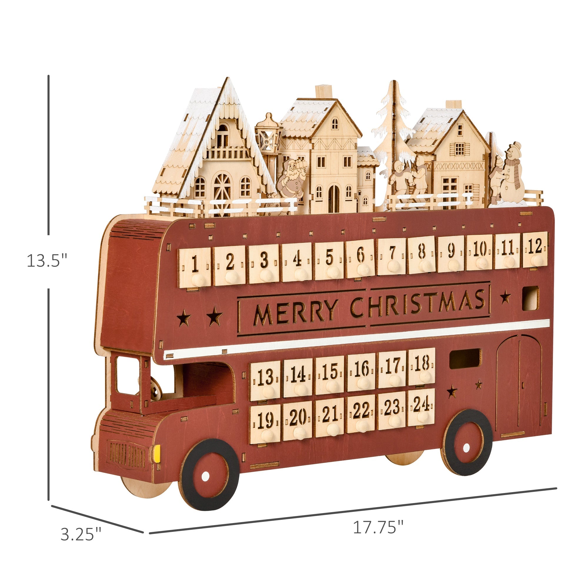 Christmas Bust Advent Calendar, Light Up Wooden Bus Holiday with Countdown Drawer