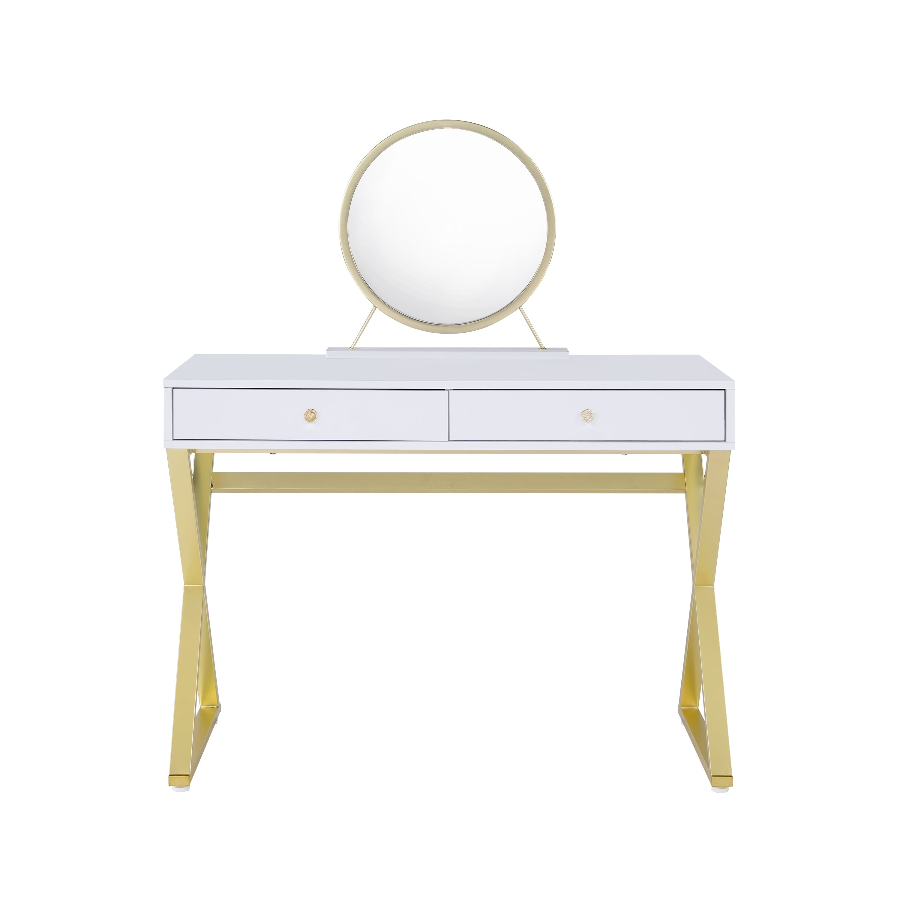 Coleen Vanity Desk w/Mirror & Jewelry Tray in White & Gold Finish