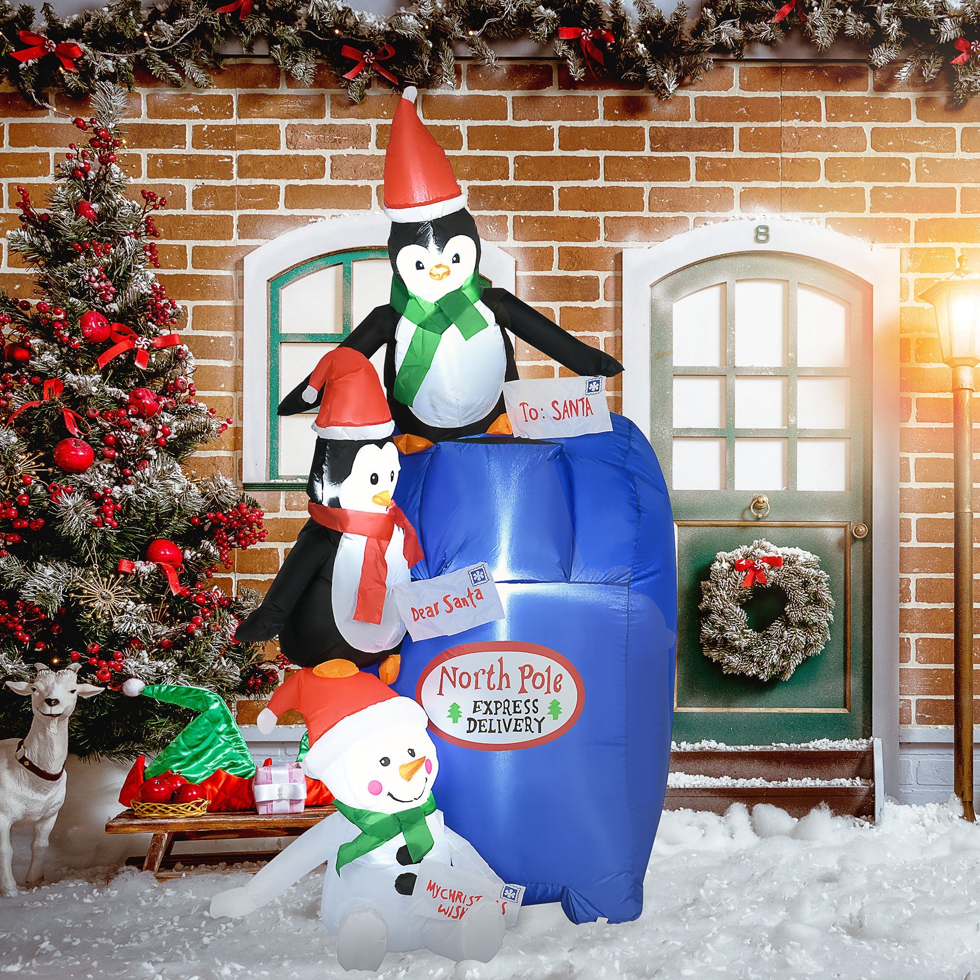 6ft  North Pole Mailbox with Penguins and Snowman, Blow-Up Yard  Decor with LED Lights Display