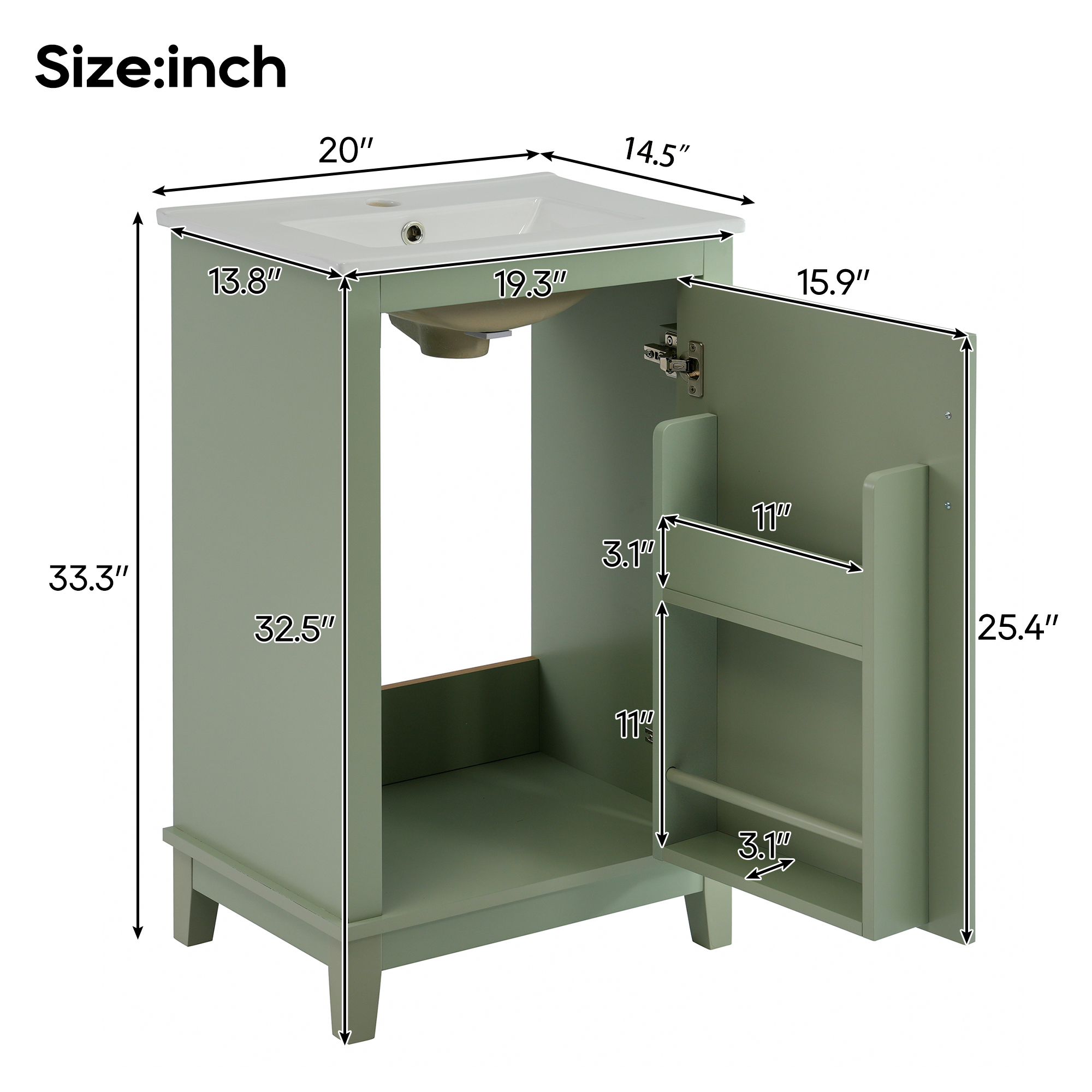 20 Inch Modern Small Bathroom Vanity Cabinet With Ceramic Basin- Soft Close Door