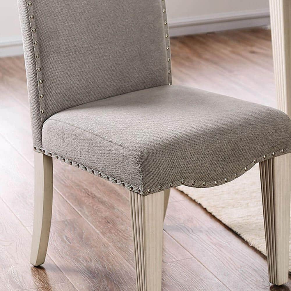 Set of 2-Antique White Frame Side Chairs Gray Fabric Parson Chair Camel Back Design