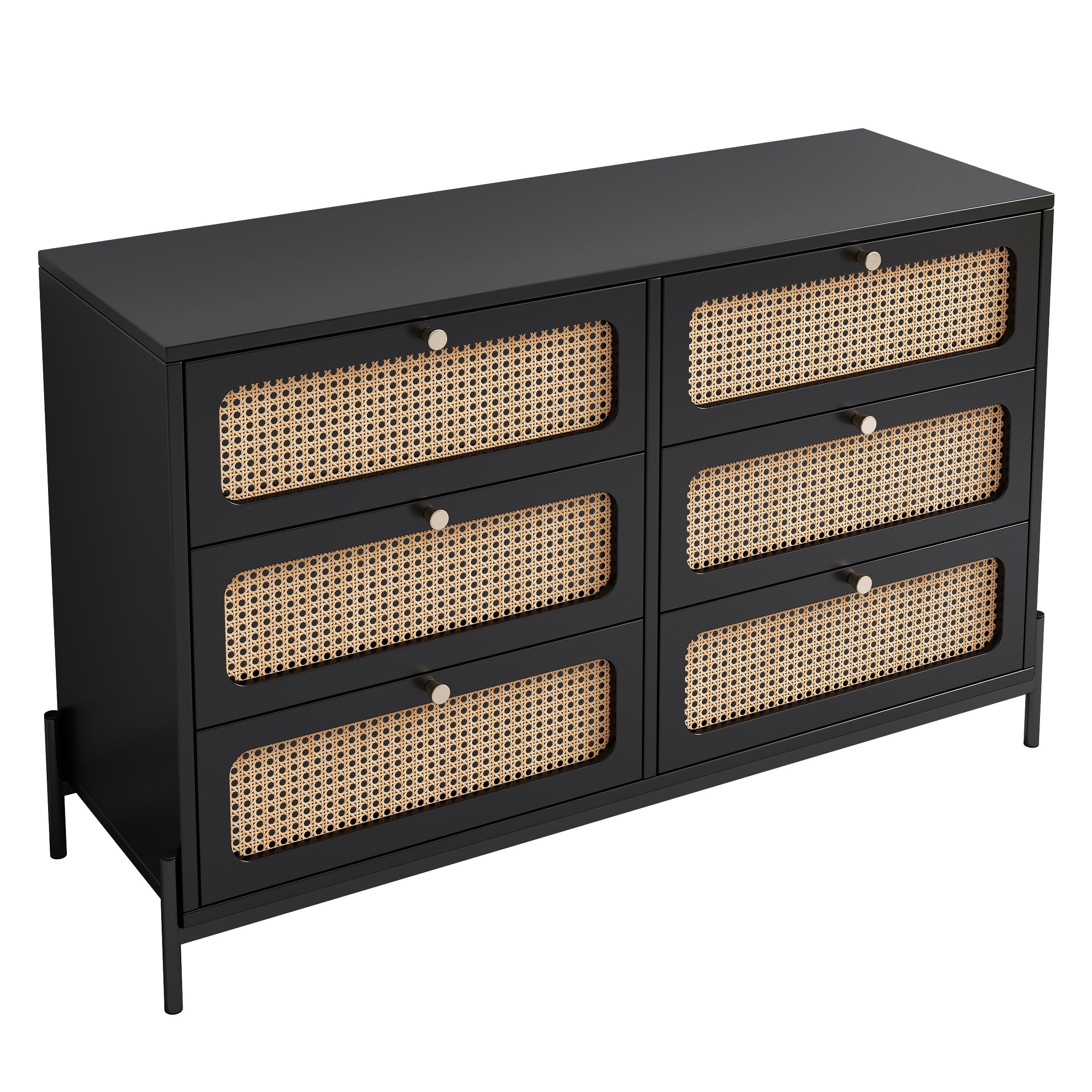 Modern Cannage Rattan Wood Closet 6-Drawer Dresser Wood Storage Cabinet Sideboard for Bedroom