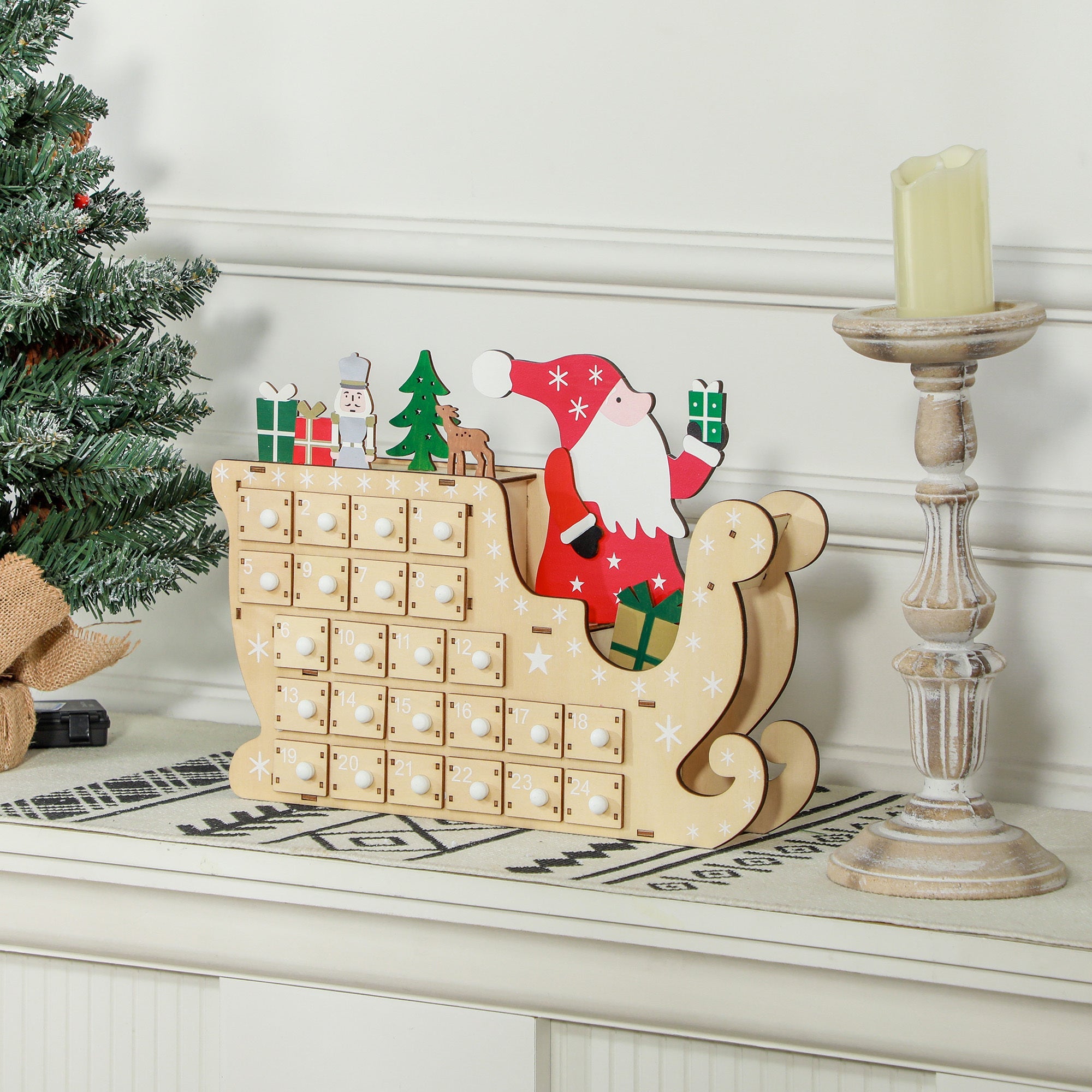 Santa Sleigh Christmas Advent Calendar with 24 Countdown Drawers